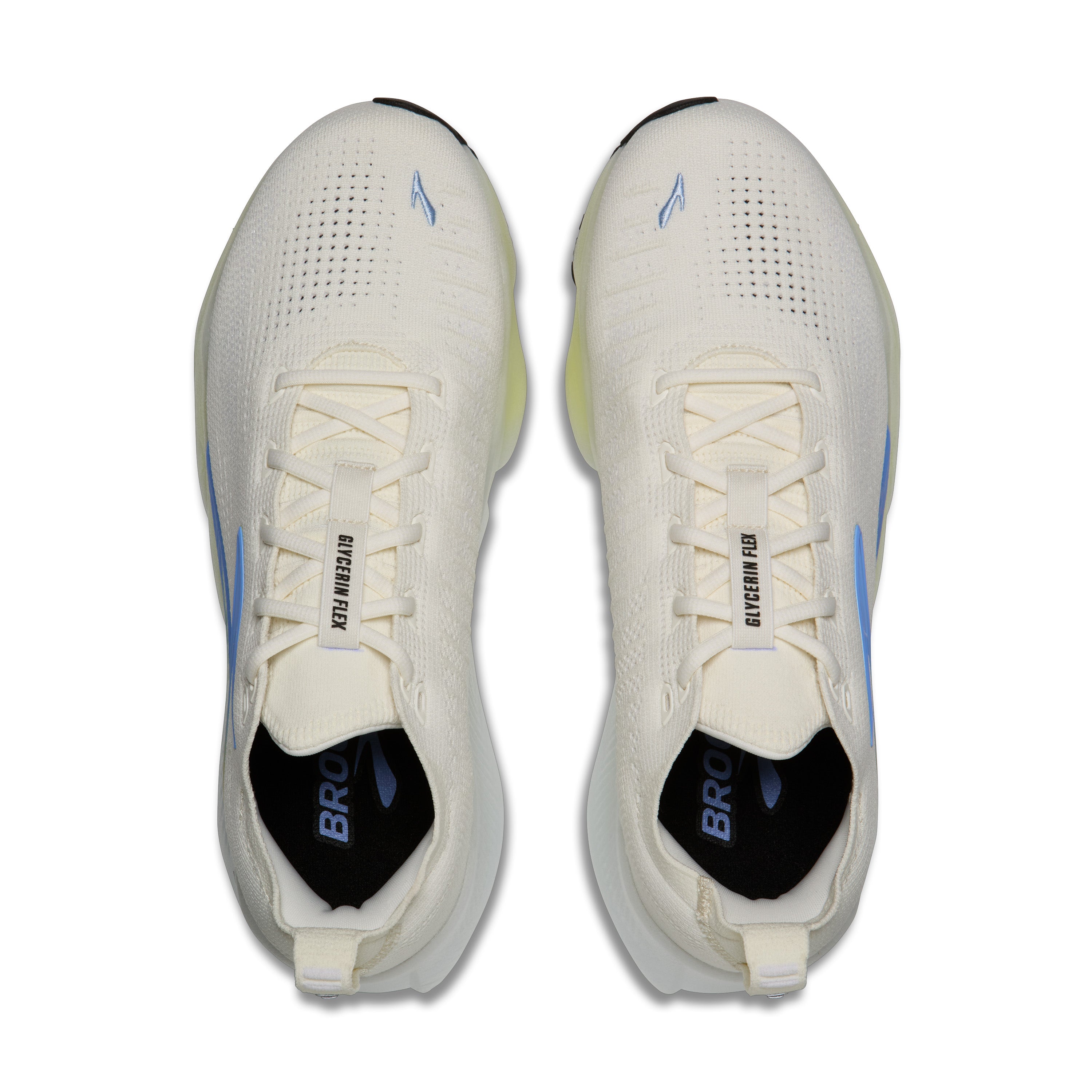 White running shoes with blue accents on a white background
