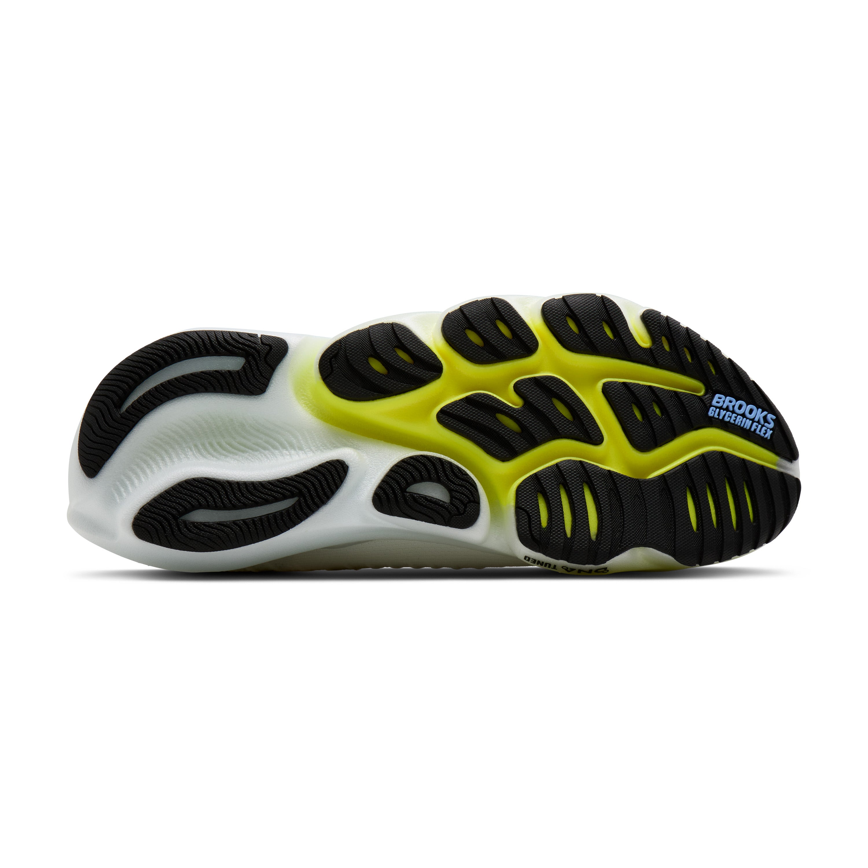 Sole of a running shoe with 'Brooks' branding on a white background