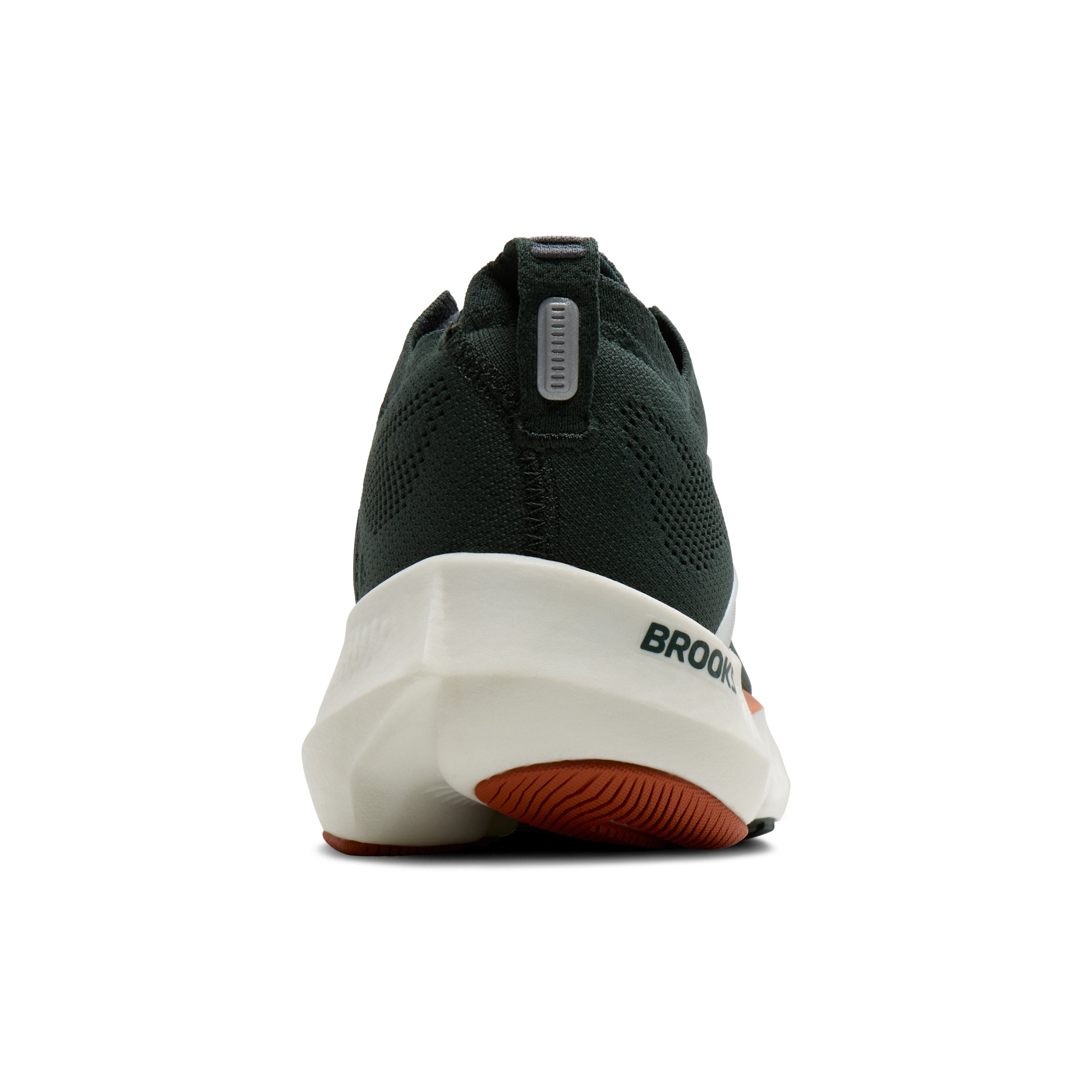 Black running shoe with white sole on a white background
