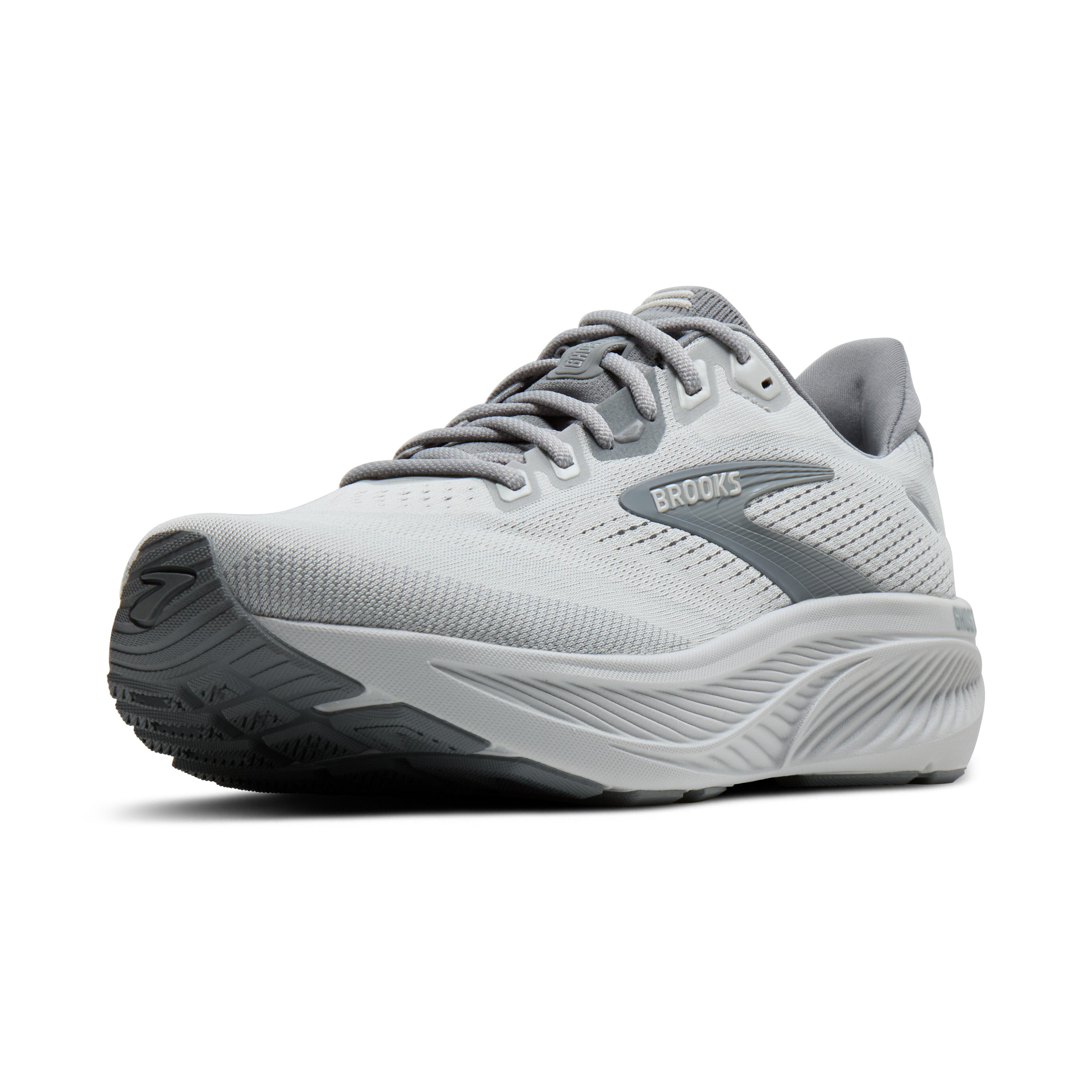White running shoe with gray accents on a white background