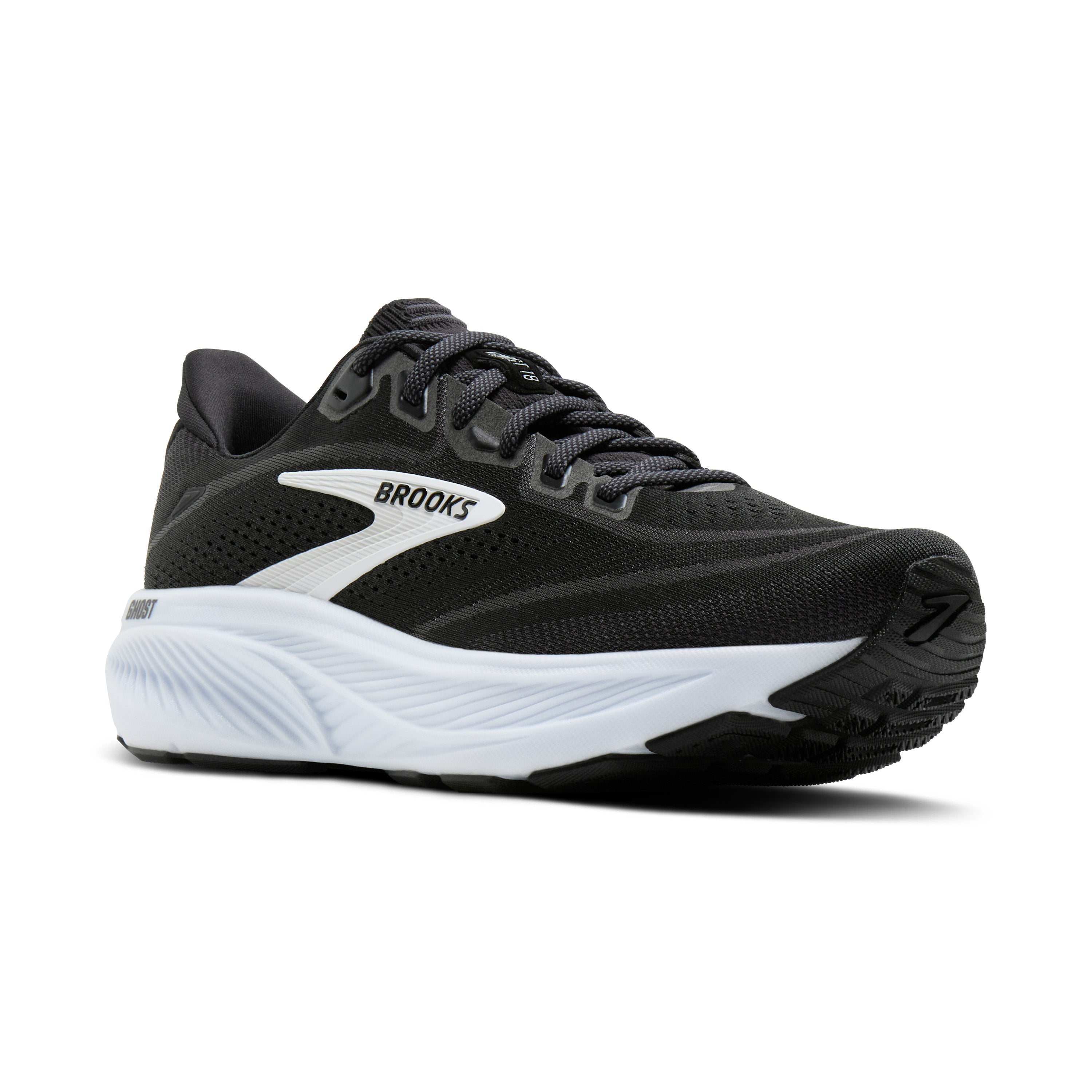 Black running shoe with white sole on a white background