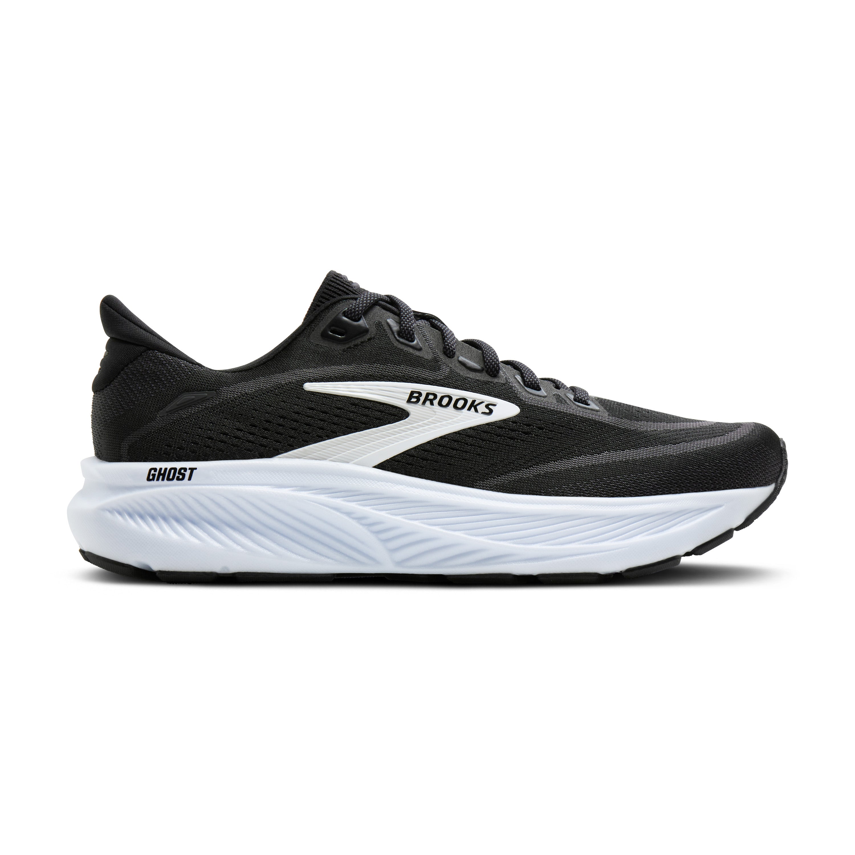 Black running shoe with white sole on a white background