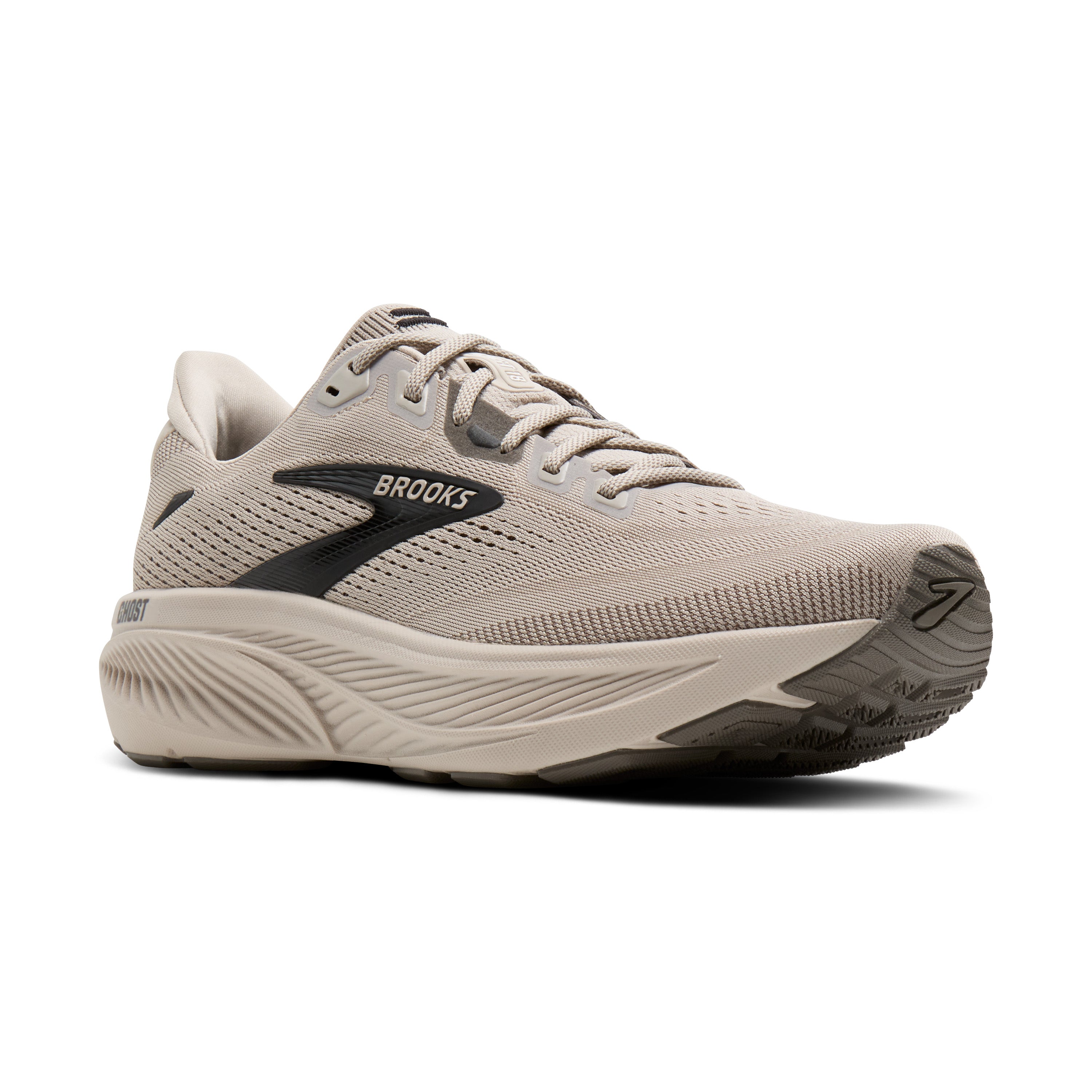 Beige running shoe with 'Brooks' branding on a white background