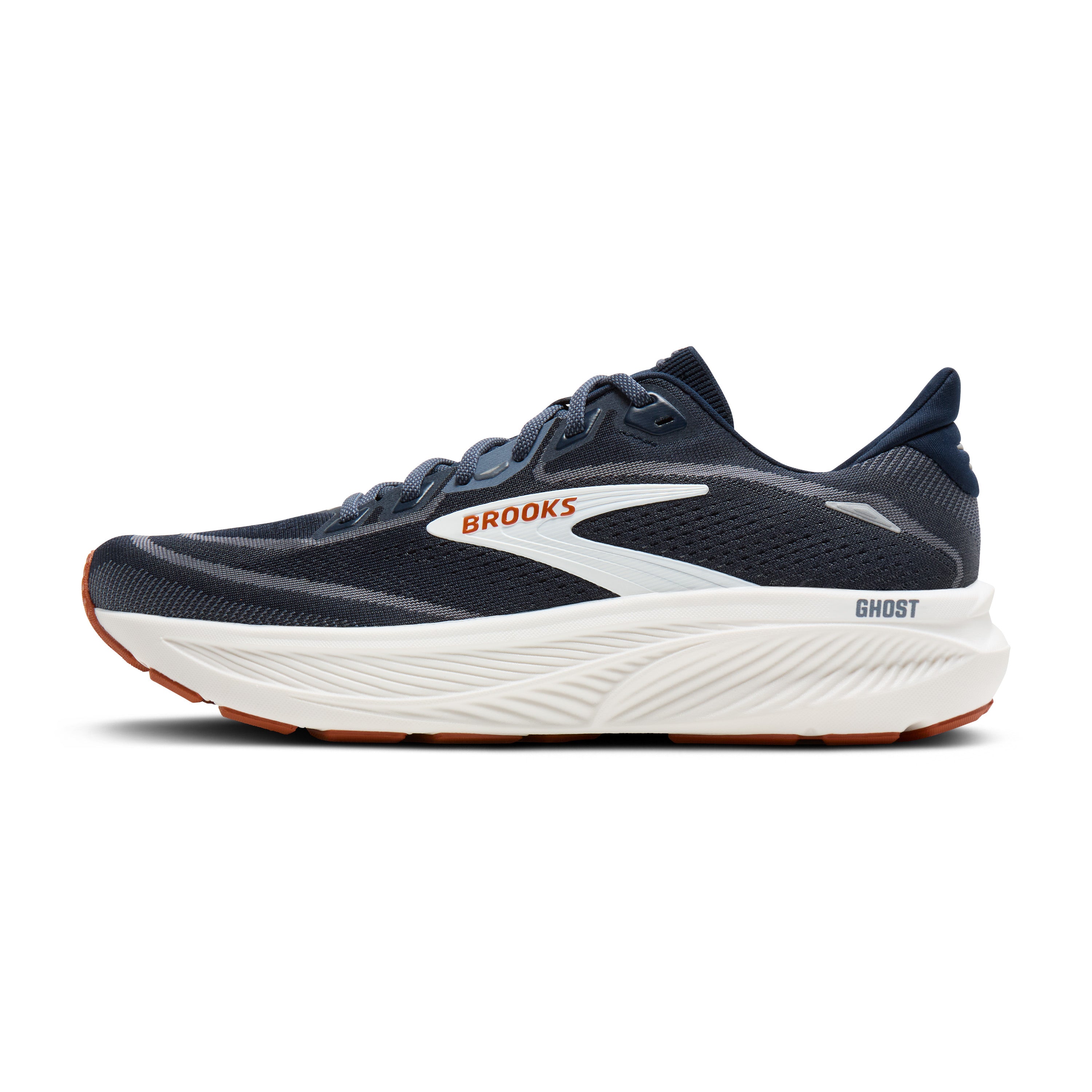 Navy running shoe with white sole on a white background