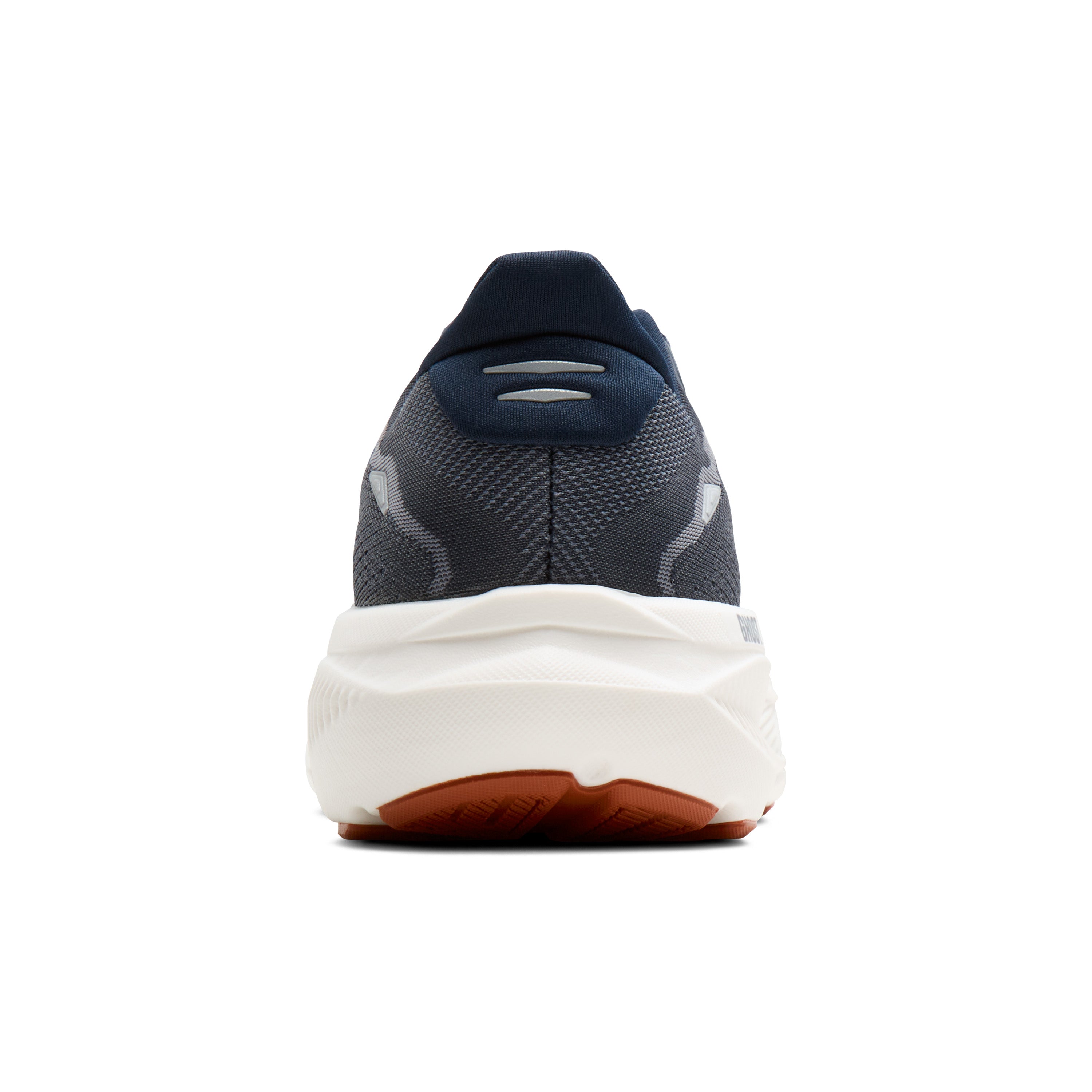 Navy running shoe with white sole on a white background