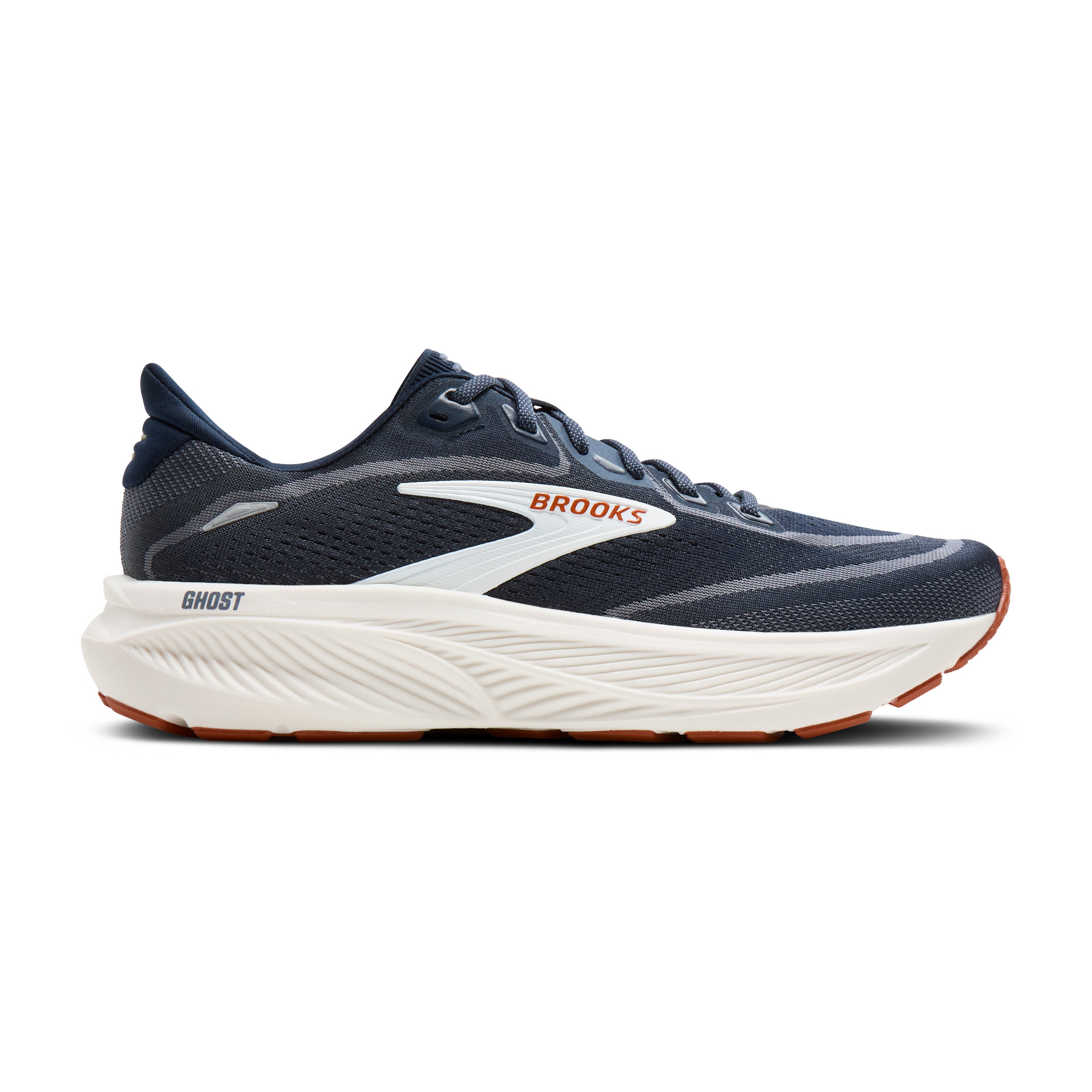 Navy running shoe with white sole on a white background