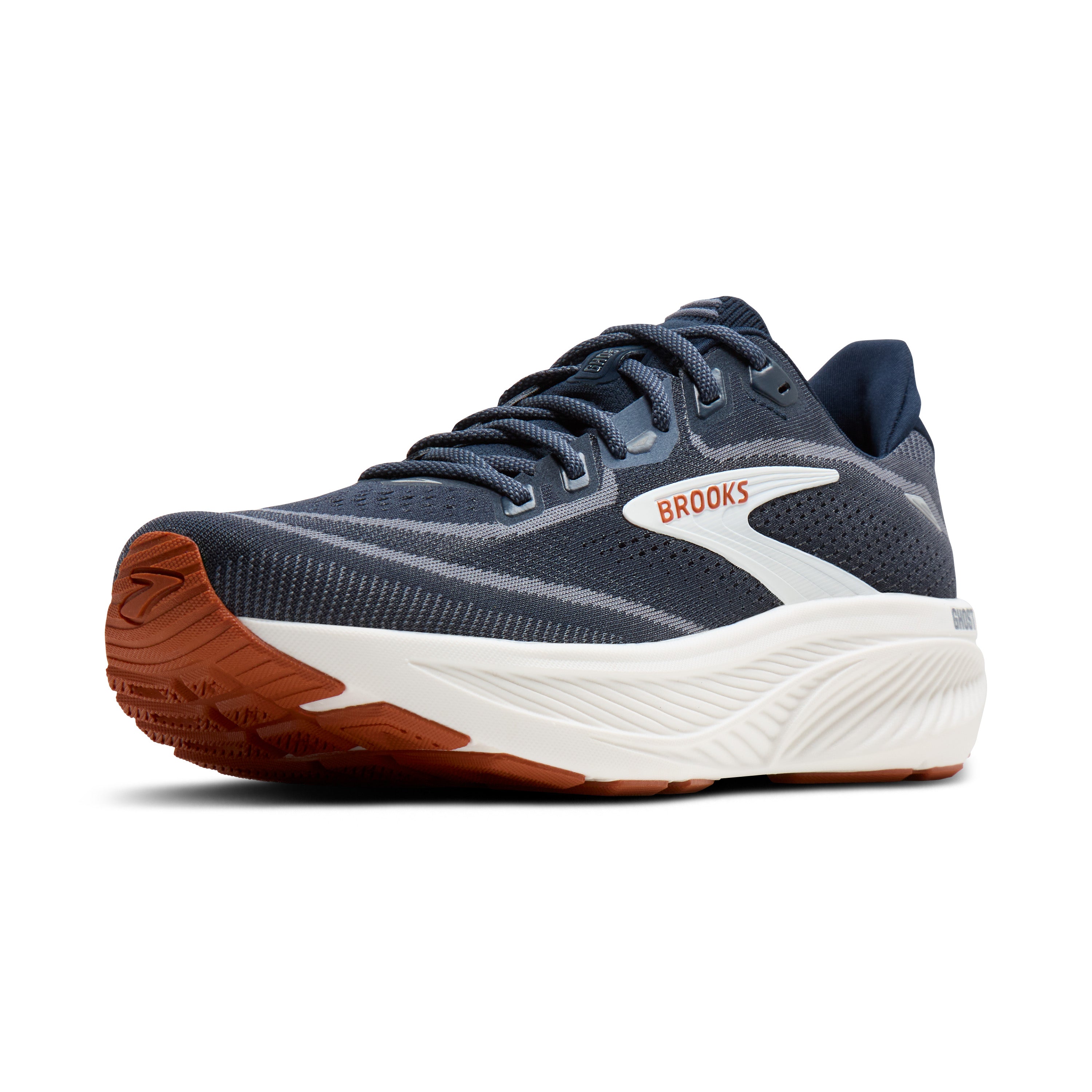 Navy running shoe with brown sole on a white background