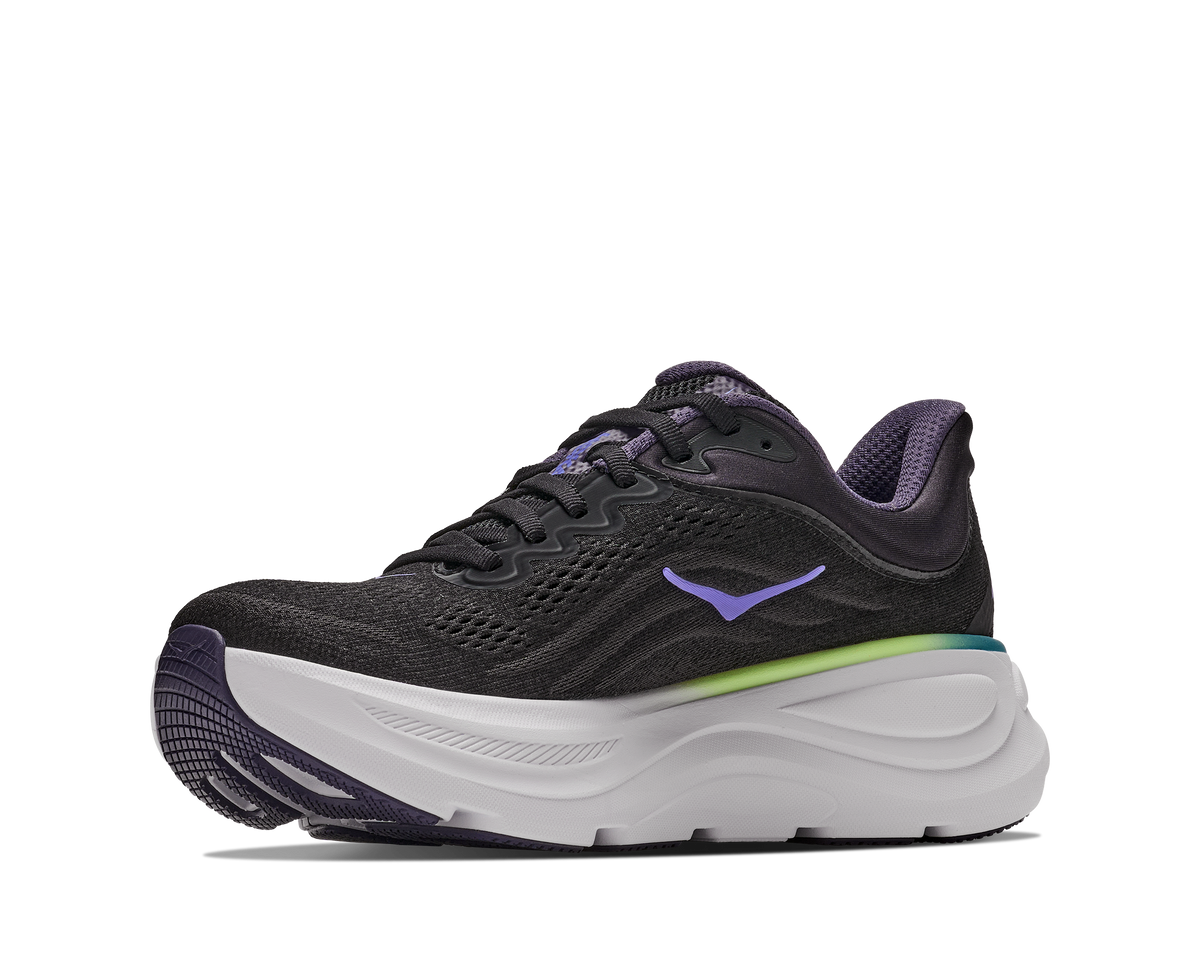 Black running shoe with purple accents on a white background