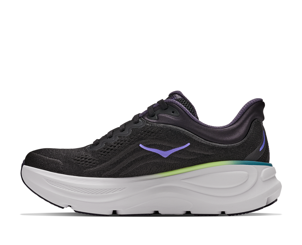 Black running shoe with purple accents on a white background