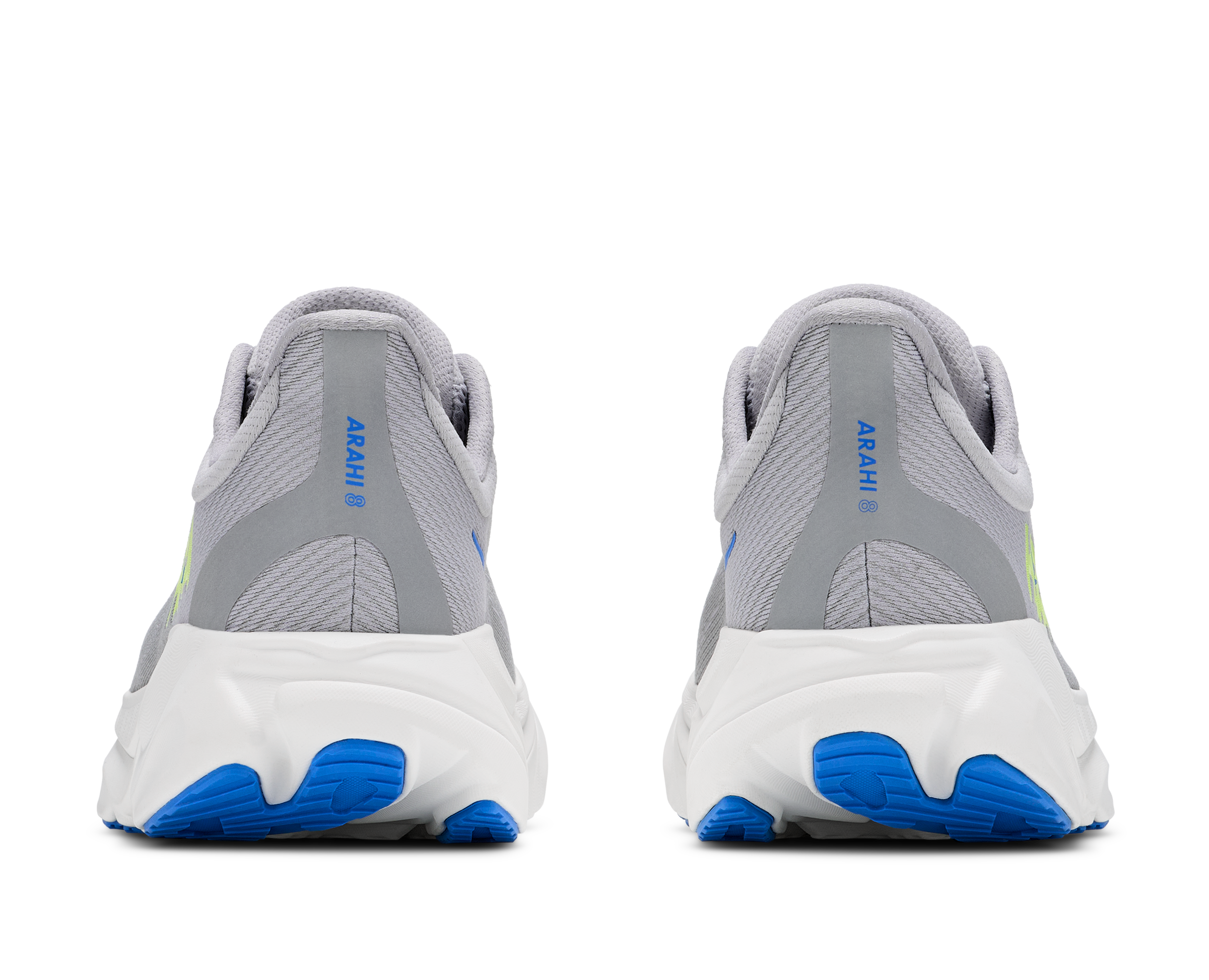 Gray and white running shoes with blue soles on a white background