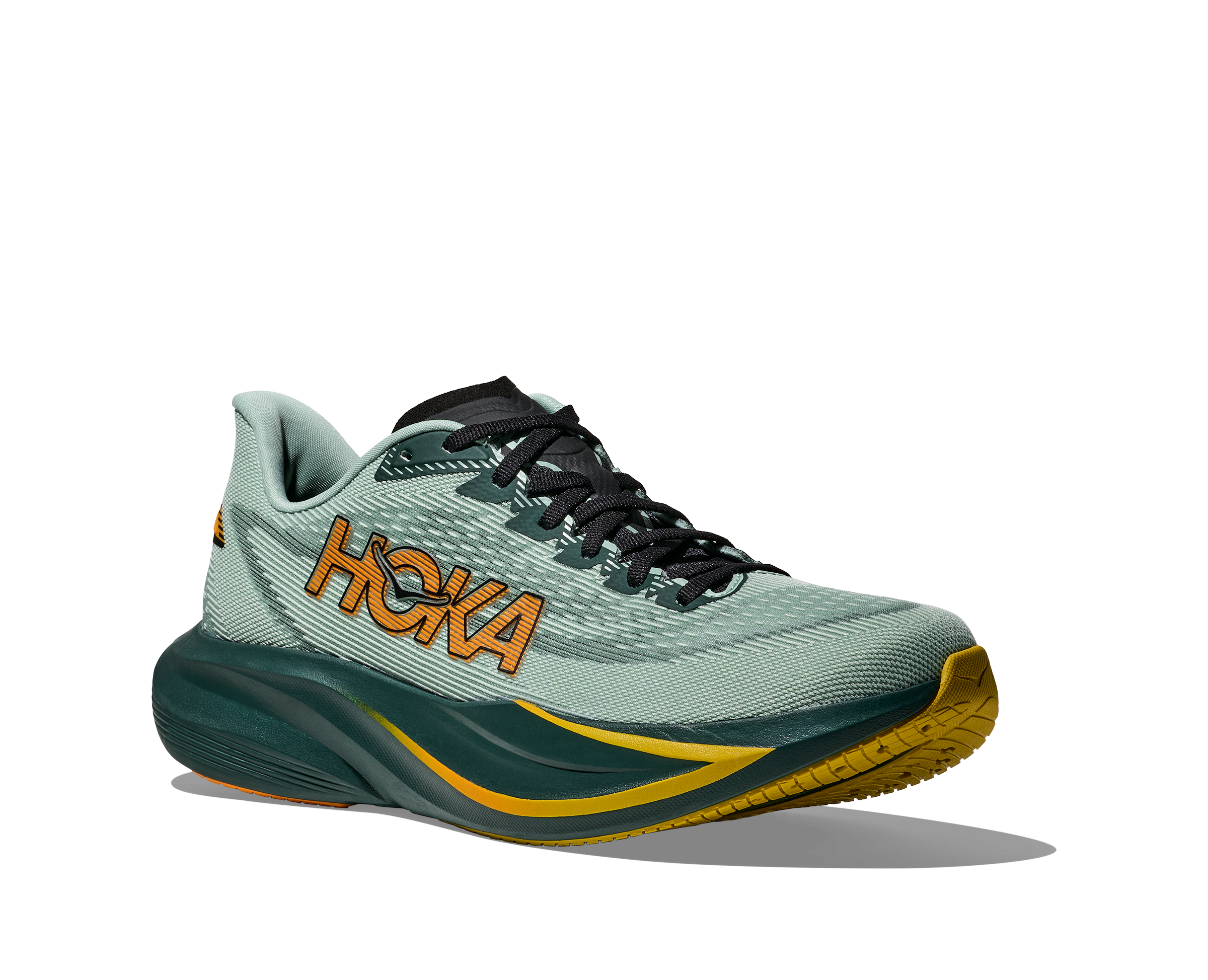 Green running shoe with black and yellow accents on a white background