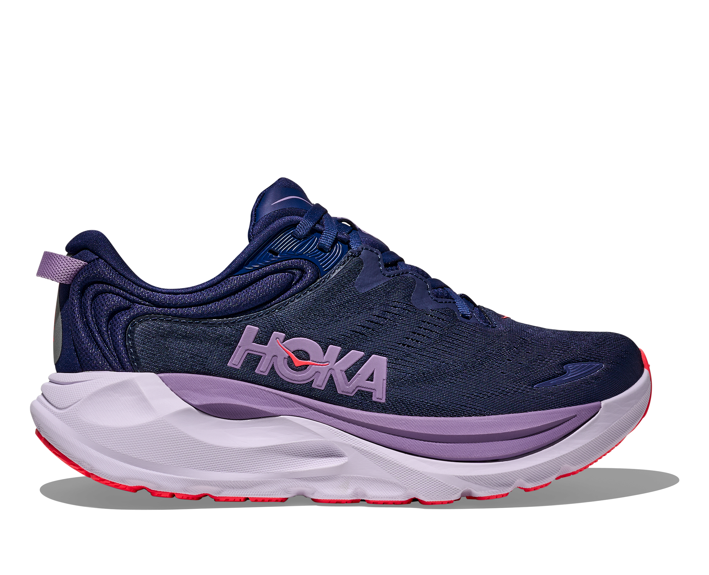 Navy running shoe with purple accents and 'Hoka' branding on a white background
