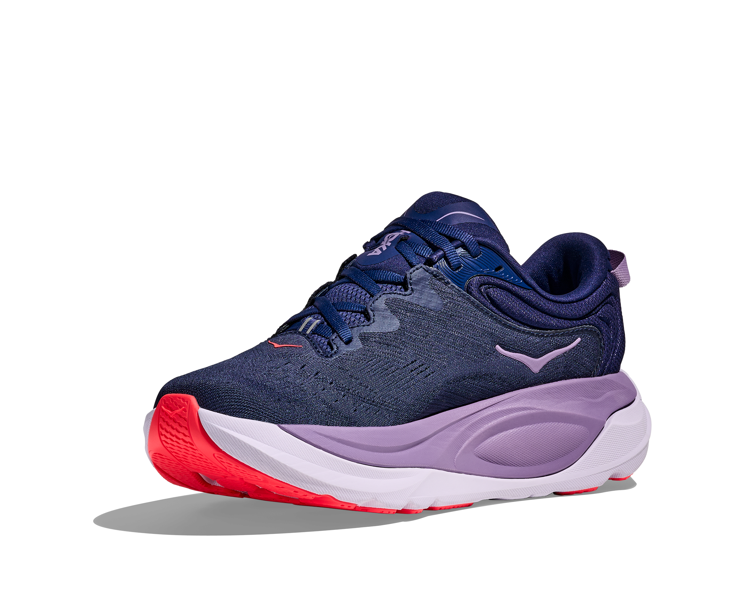 Navy and purple running shoe with red sole on a white background