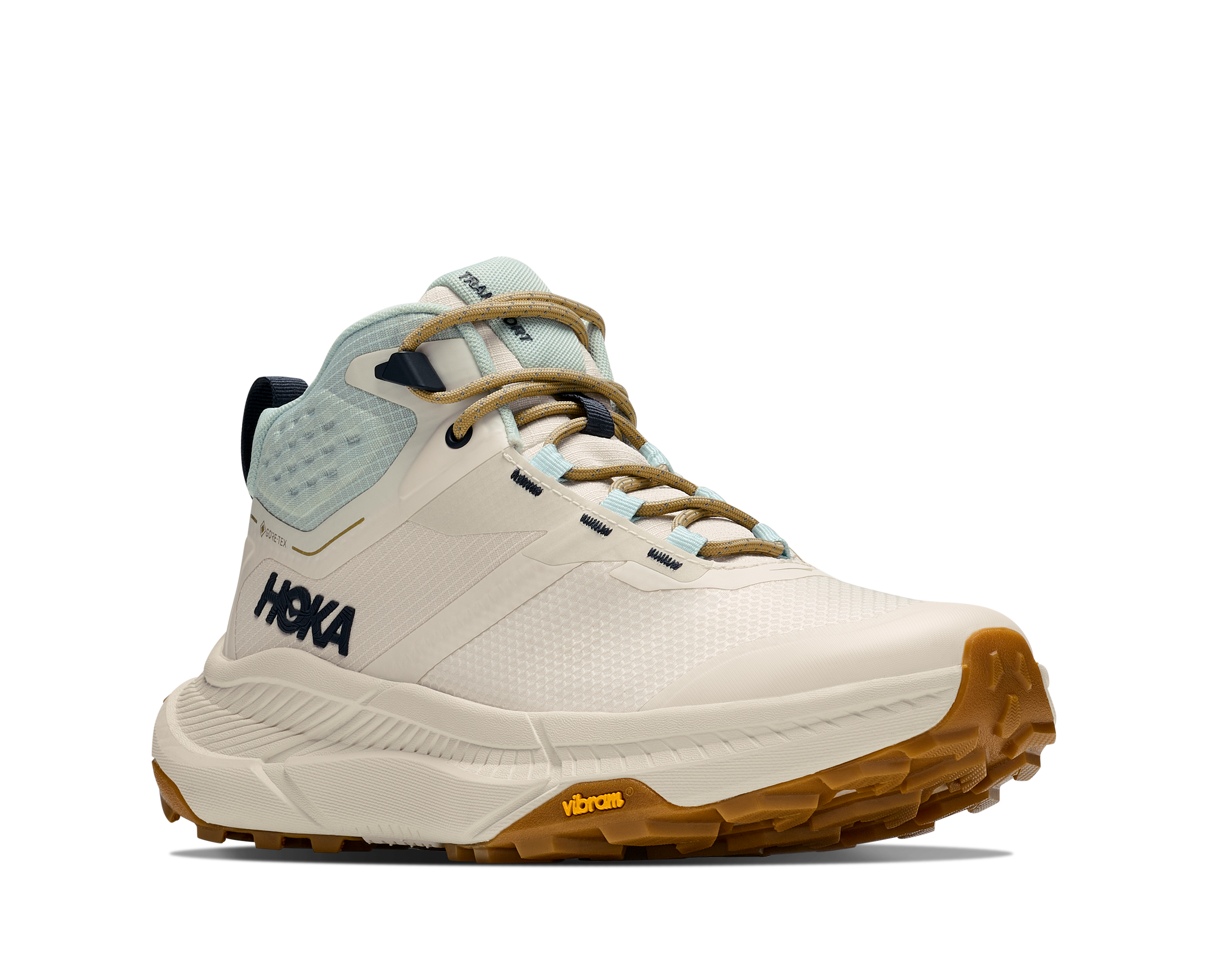 Hoka running shoe with beige and brown sole on a white background