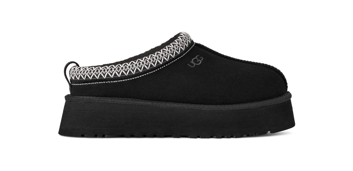 A black UGG slip-on clog shoe with a thick platform sole, featuring a white geometric patterned trim around the collar and a small white UGG logo on the side, shown against a plain white background.