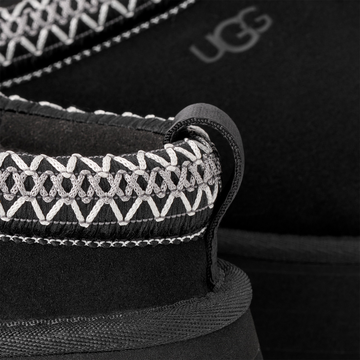 Close-up of black UGG boots with white lace details on a dark background