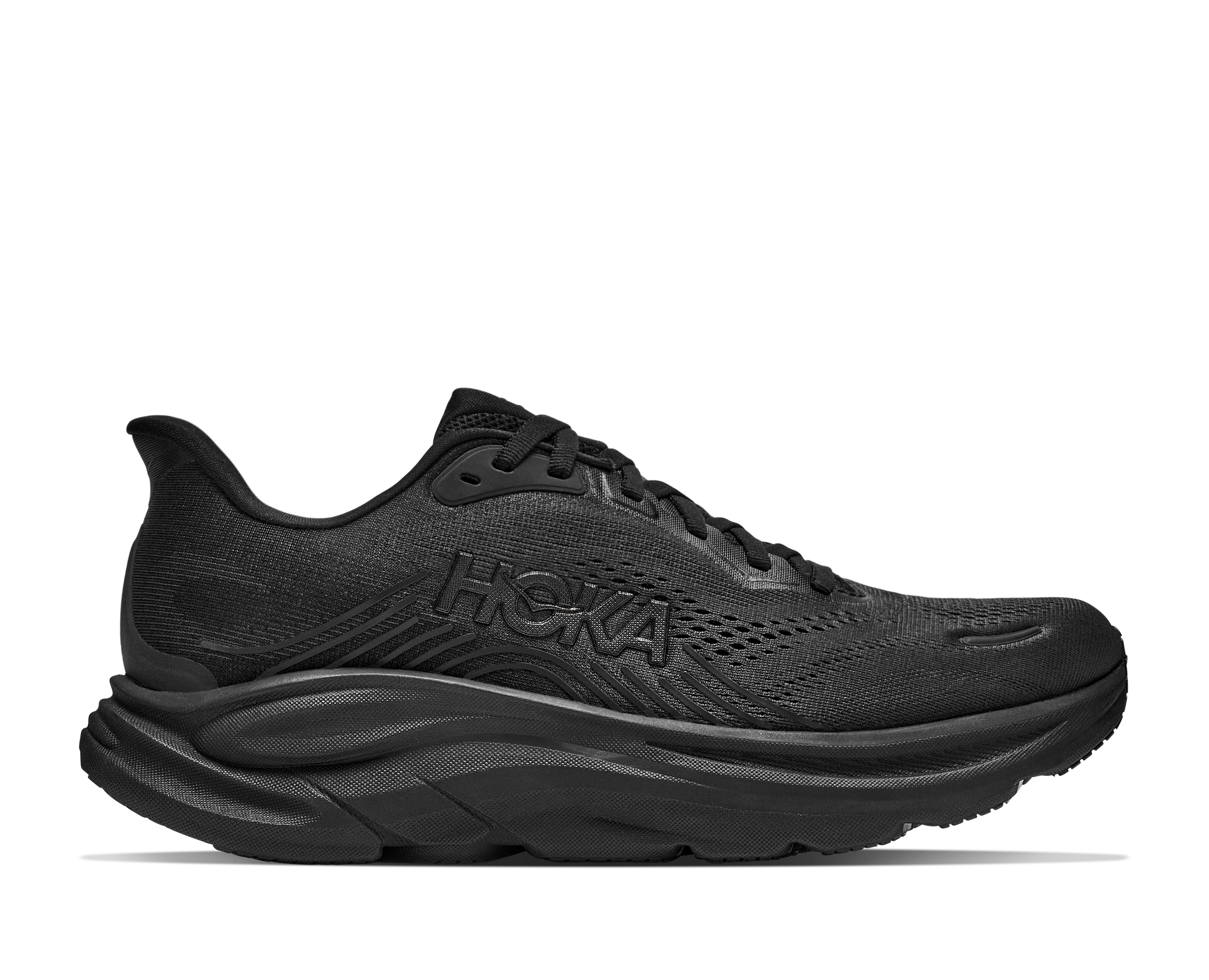 Black running shoe on a white background