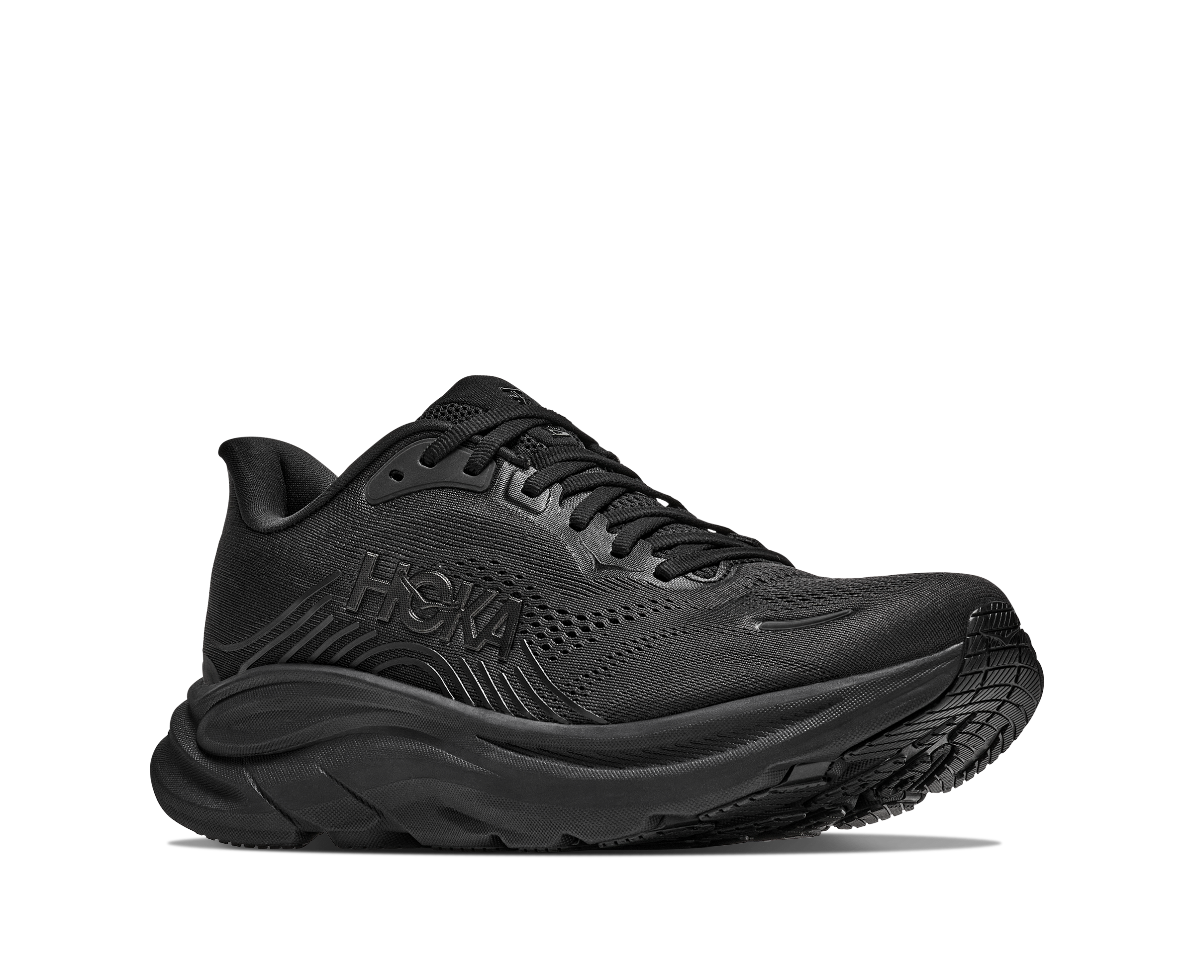 Black Hoka running shoe on a white background