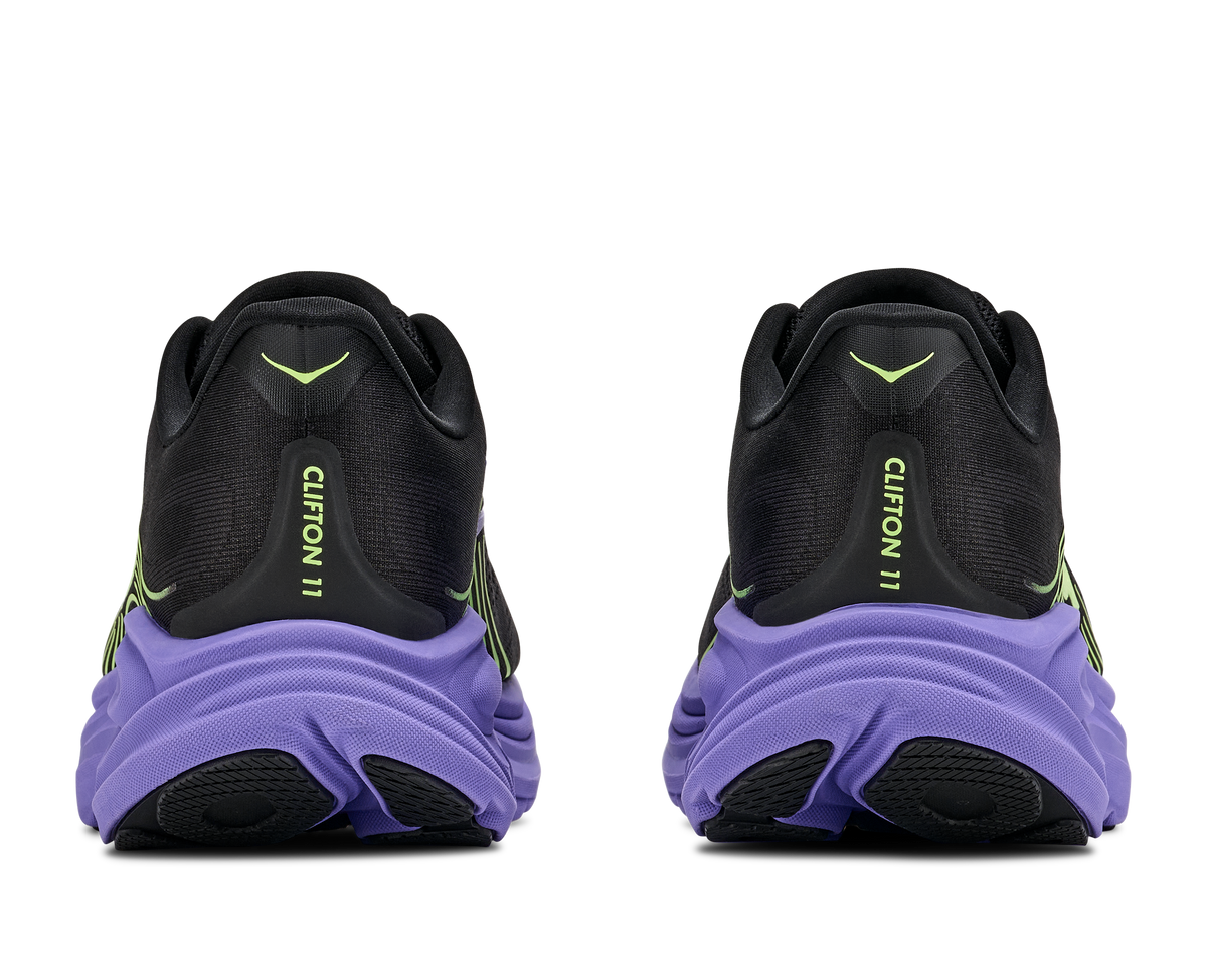 Black and purple athletic shoes with 'Clifton 11' branding on a white background