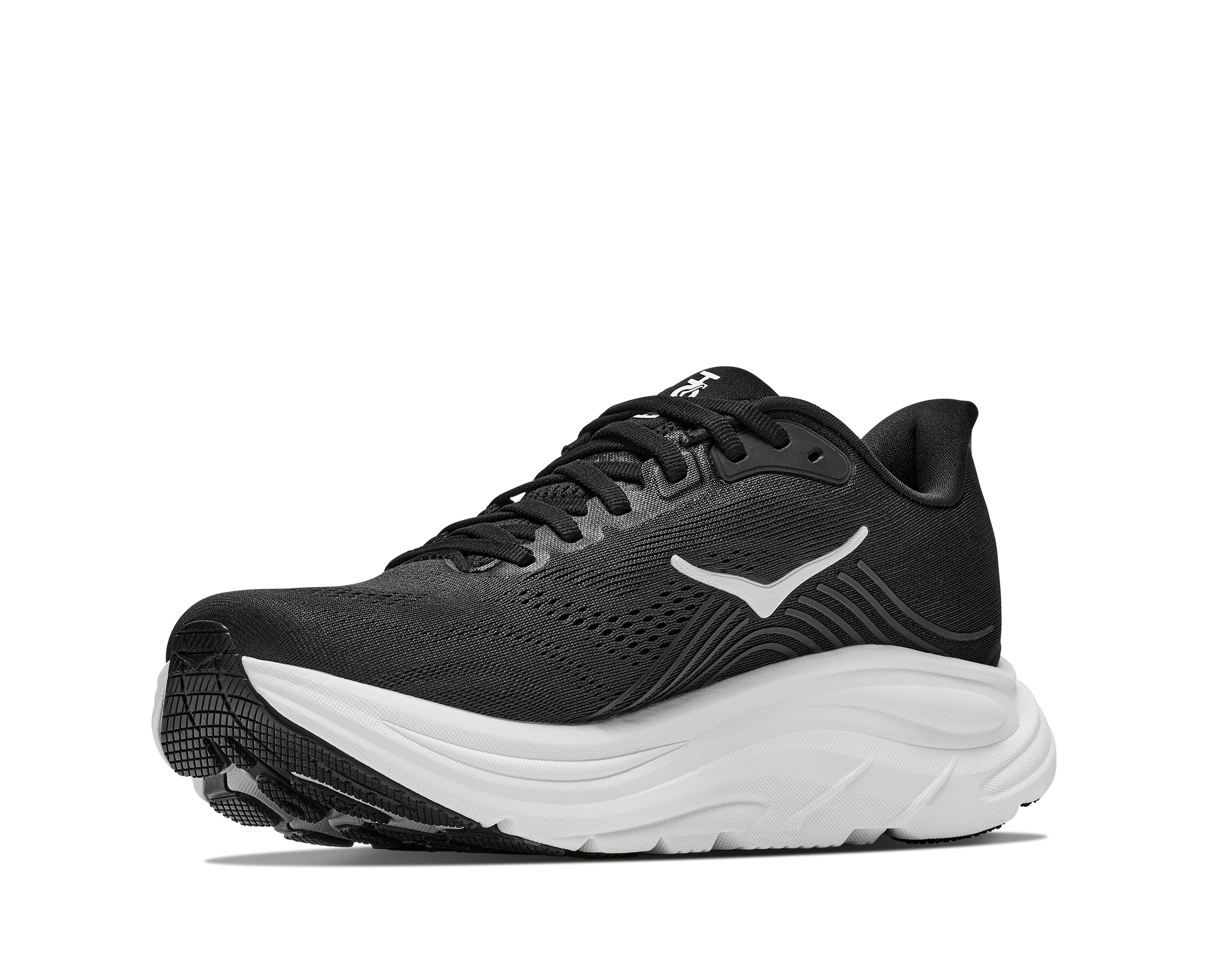 Black running shoe with white sole on a white background