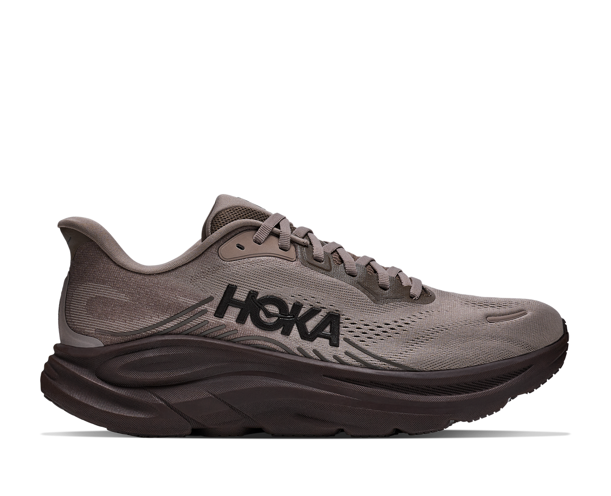 Gray running shoe with 'Hoka' branding on a white background