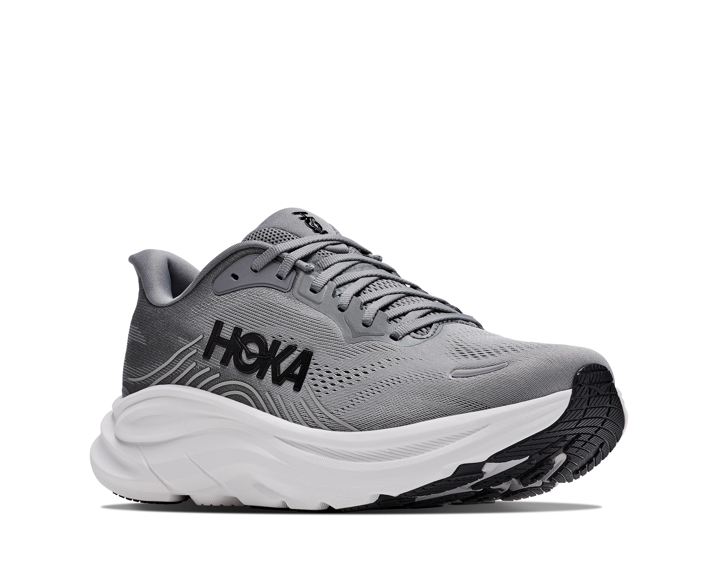 Gray running shoe with white sole on a white background