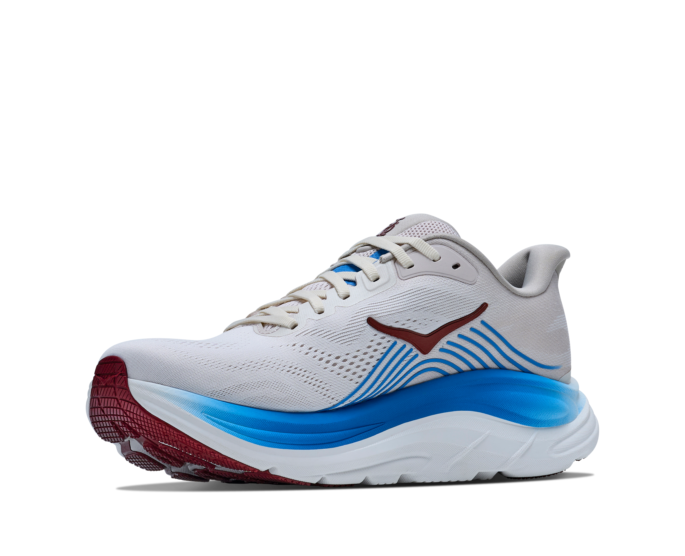 White running shoe with blue sole on a white background