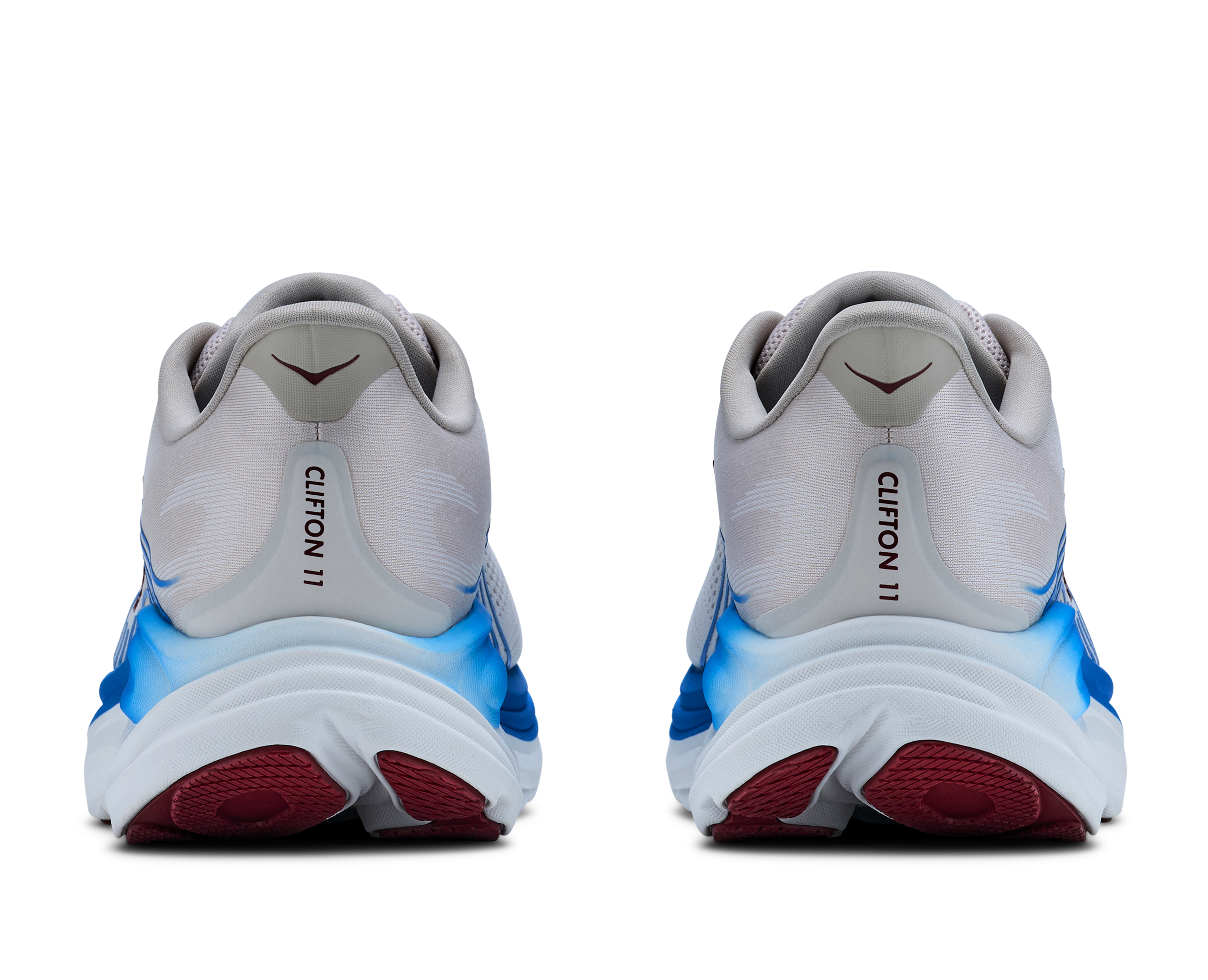 Pair of Clifton 11 running shoes shown from the back on a white background