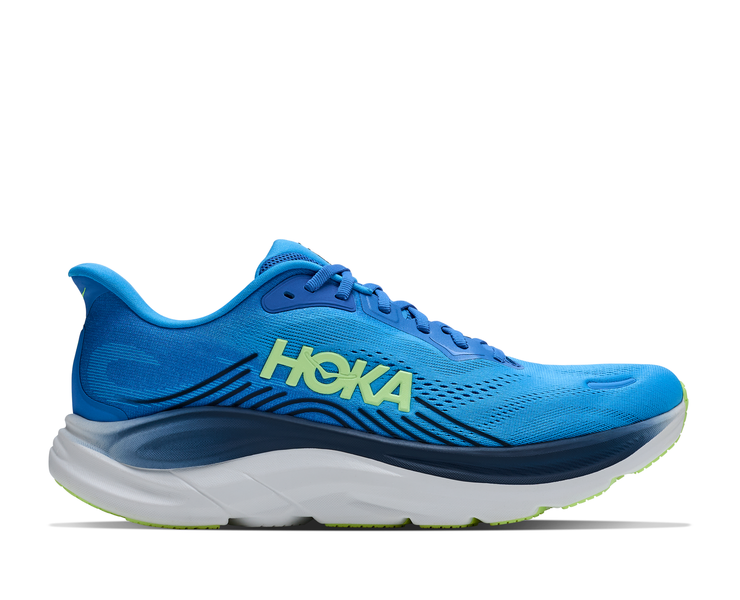 Blue running shoe with Hoka branding on a white background
