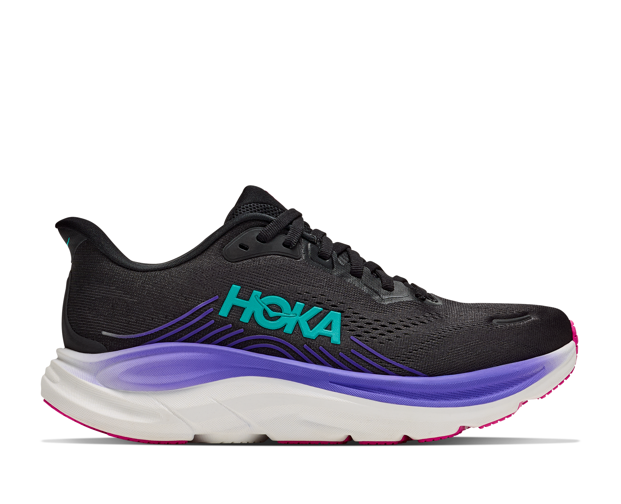 Black running shoe with purple sole and blue Hoka logo on a white background