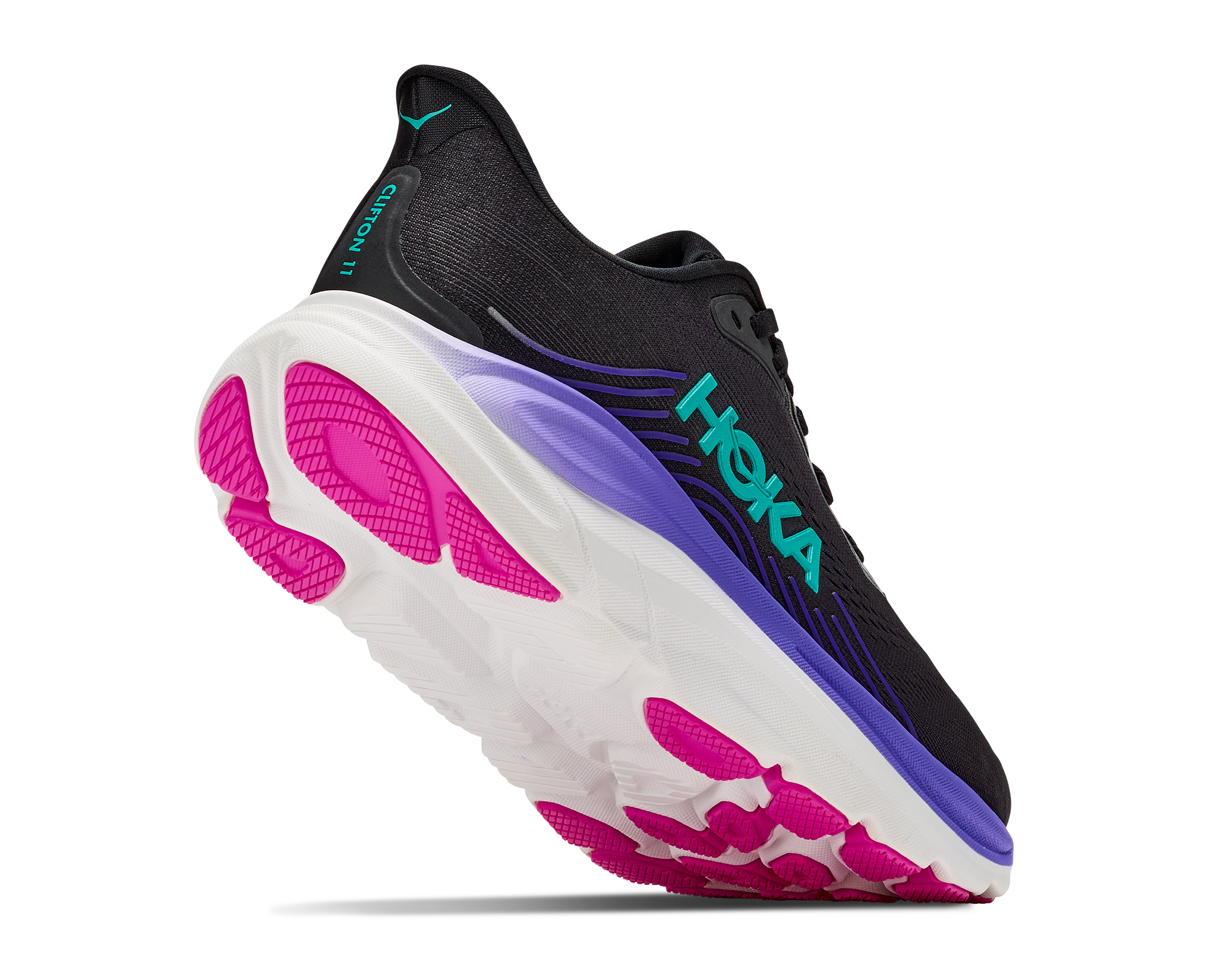 Black running shoe with pink and purple sole on a white background