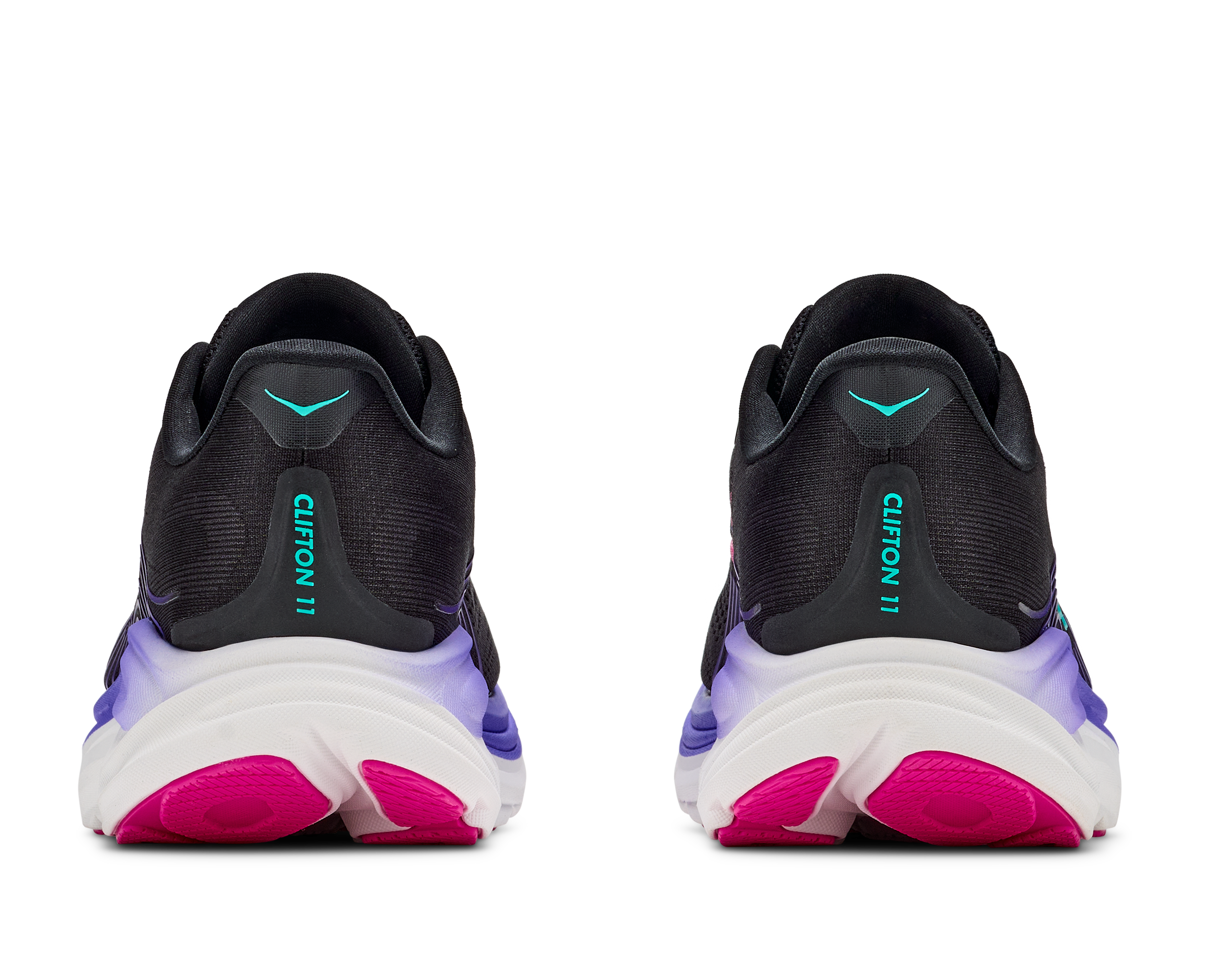Black running shoes with purple soles on a white background