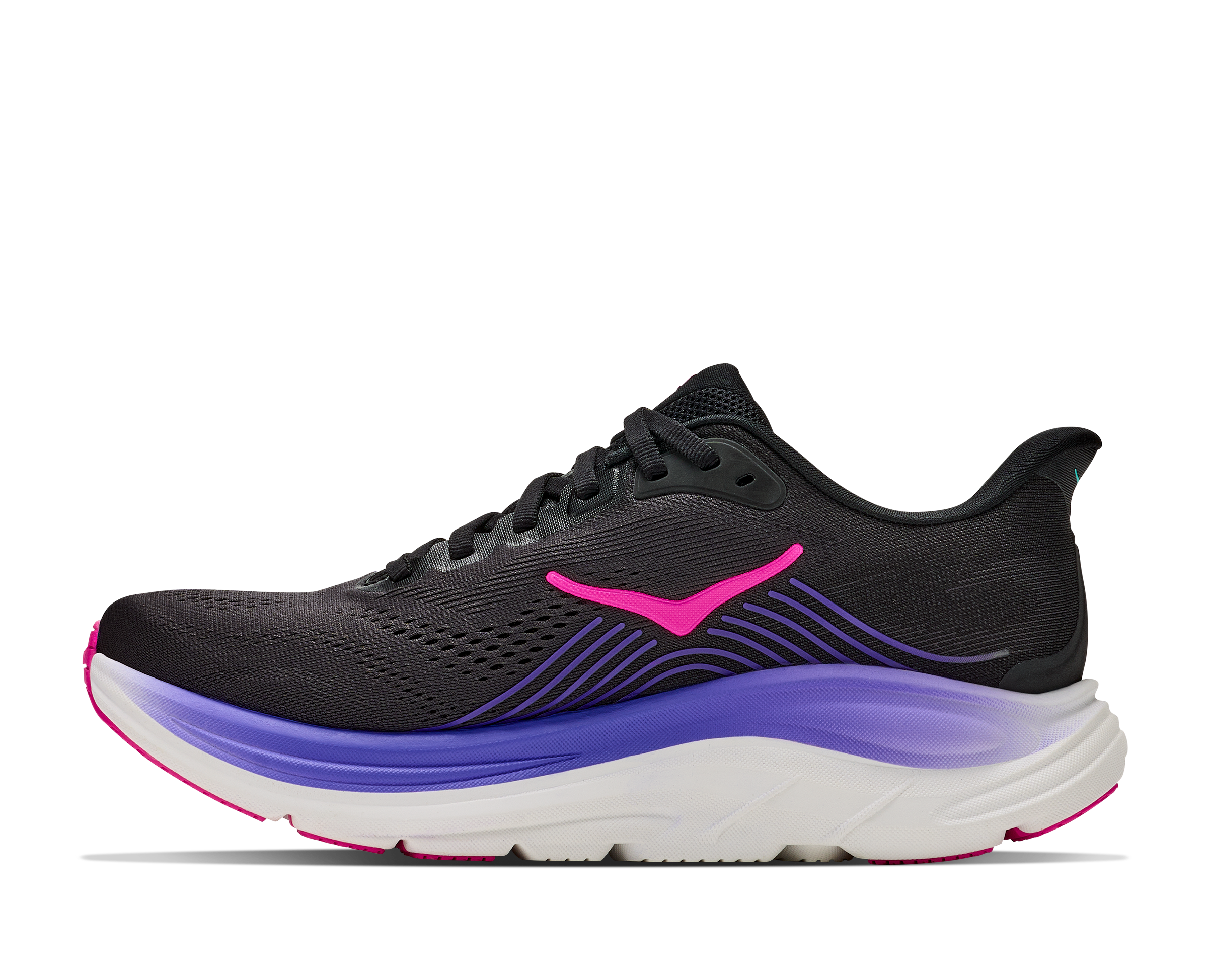 Black running shoe with pink and purple accents on a white background