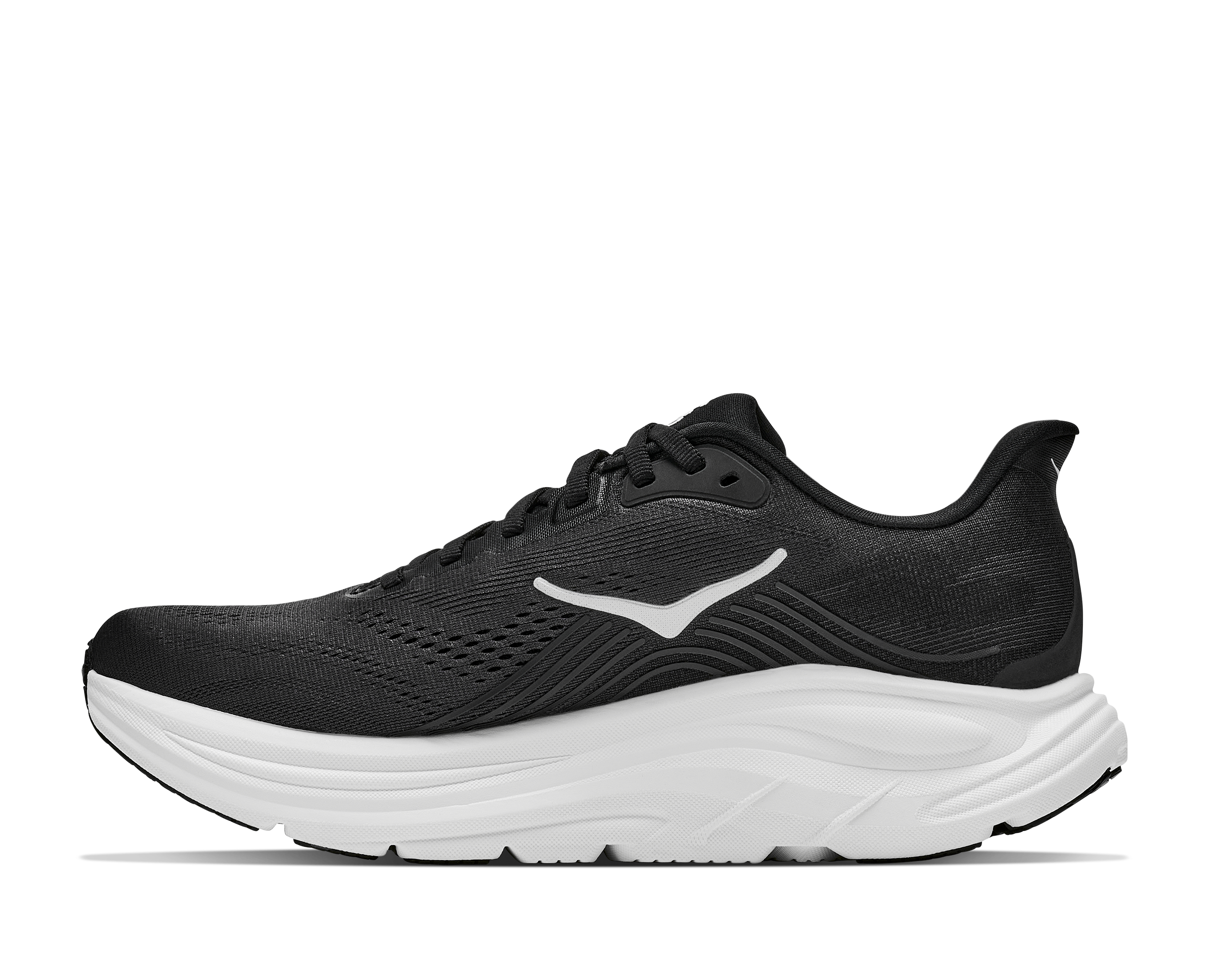Black running shoe with white sole on a white background