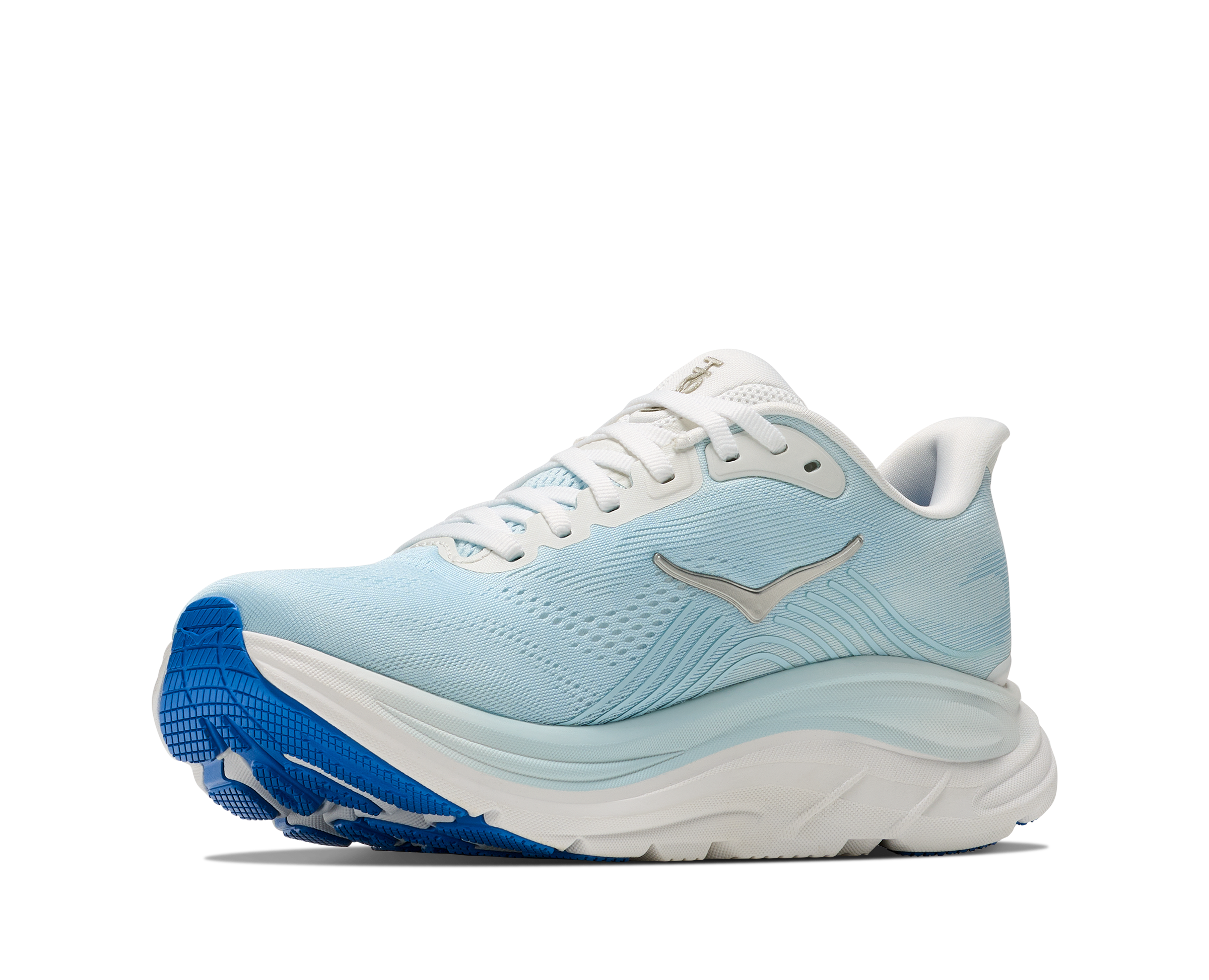 Light blue running shoe with white laces on a white background