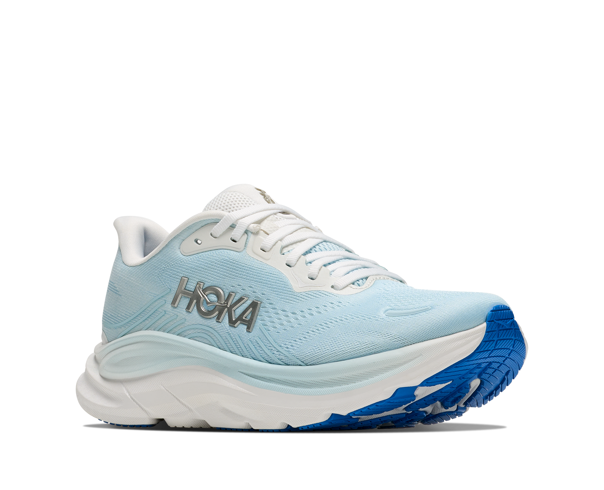 Light blue running shoe with white sole on a white background