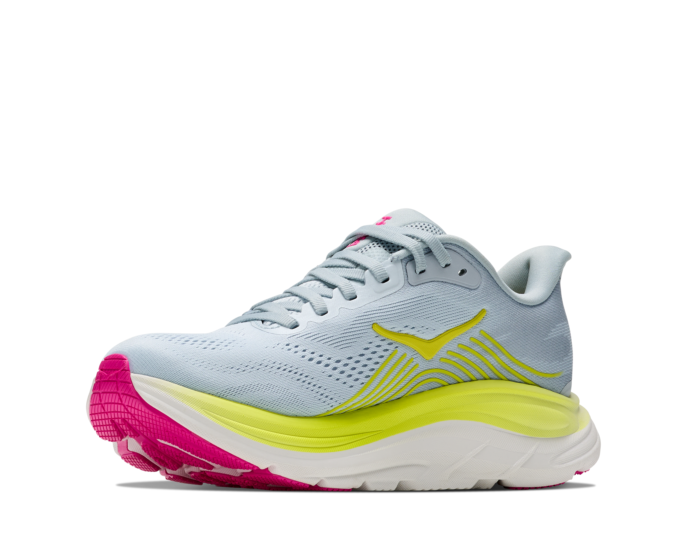 Light blue running shoe with pink and yellow sole on a white background