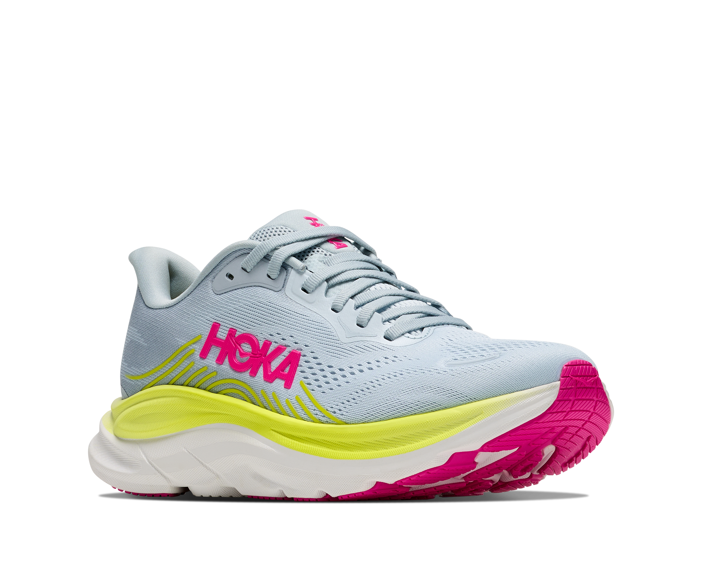 Hoka running shoe with gray, pink, and yellow design on a white background