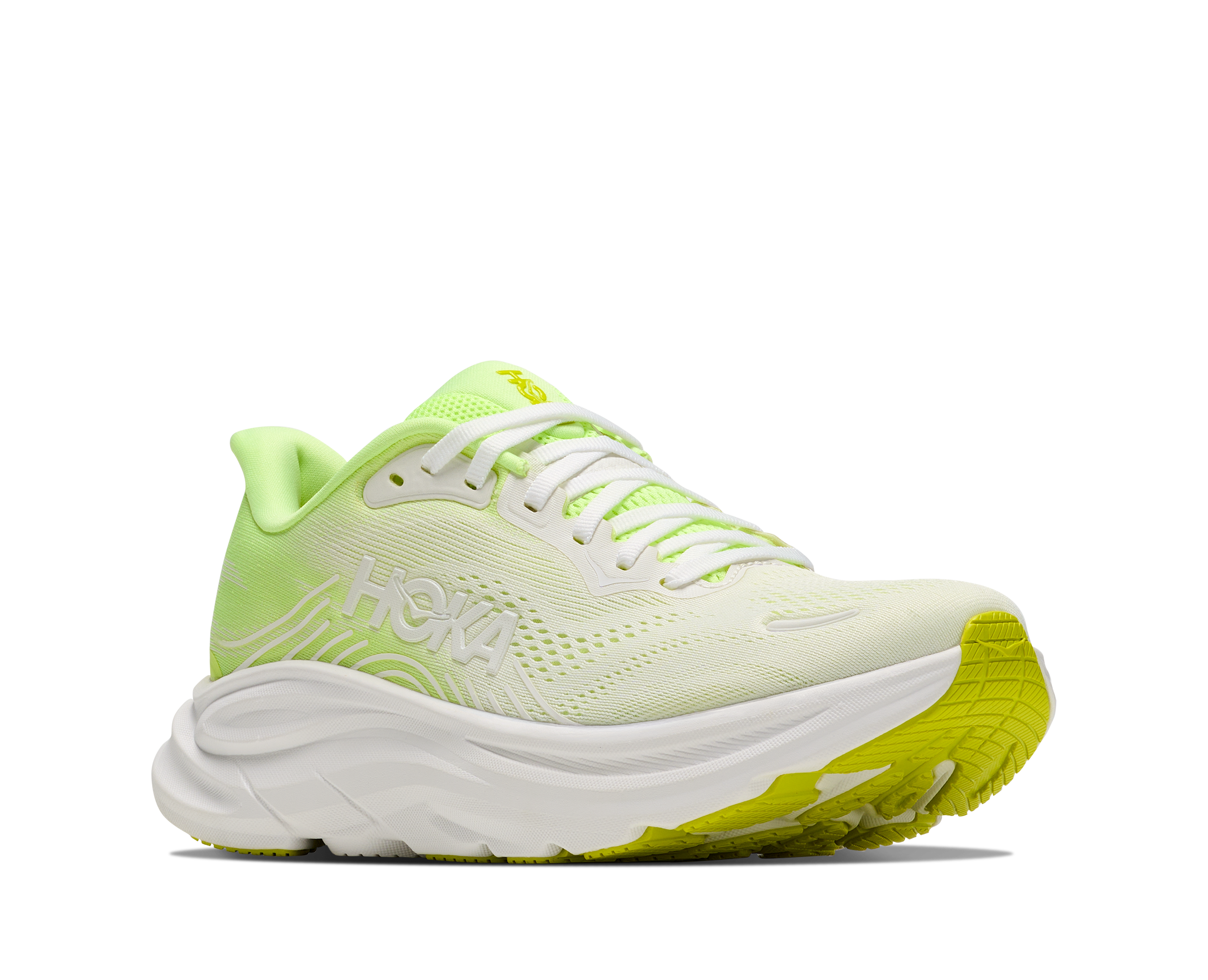 Light green running shoe with white sole on a white background