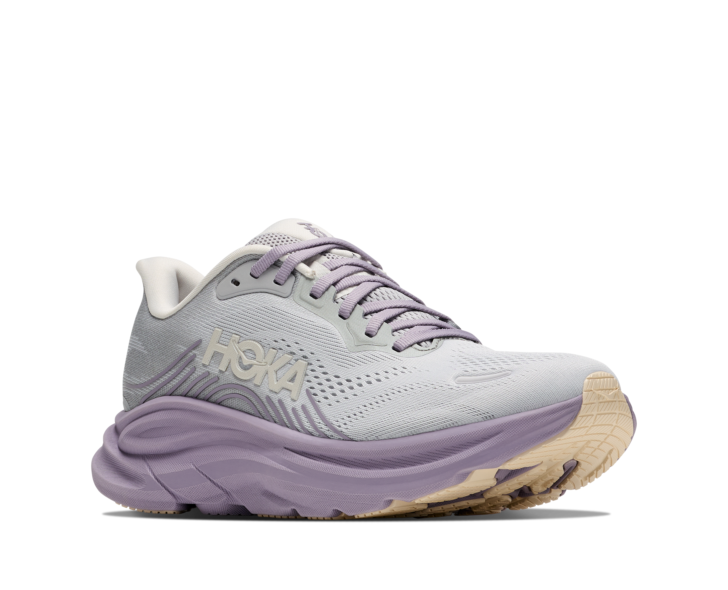 Light gray and purple running shoe with 'Hoka' branding on a white background