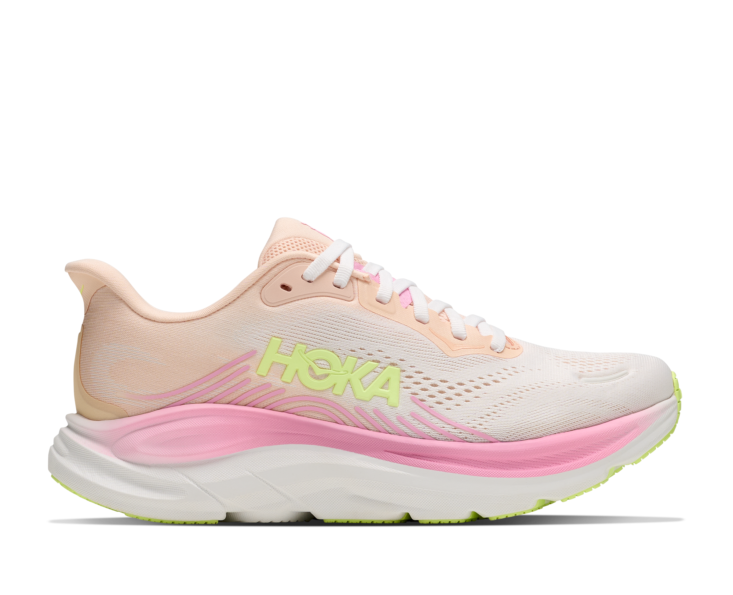 Pink and beige running shoe with 'Hoka' branding on a white background