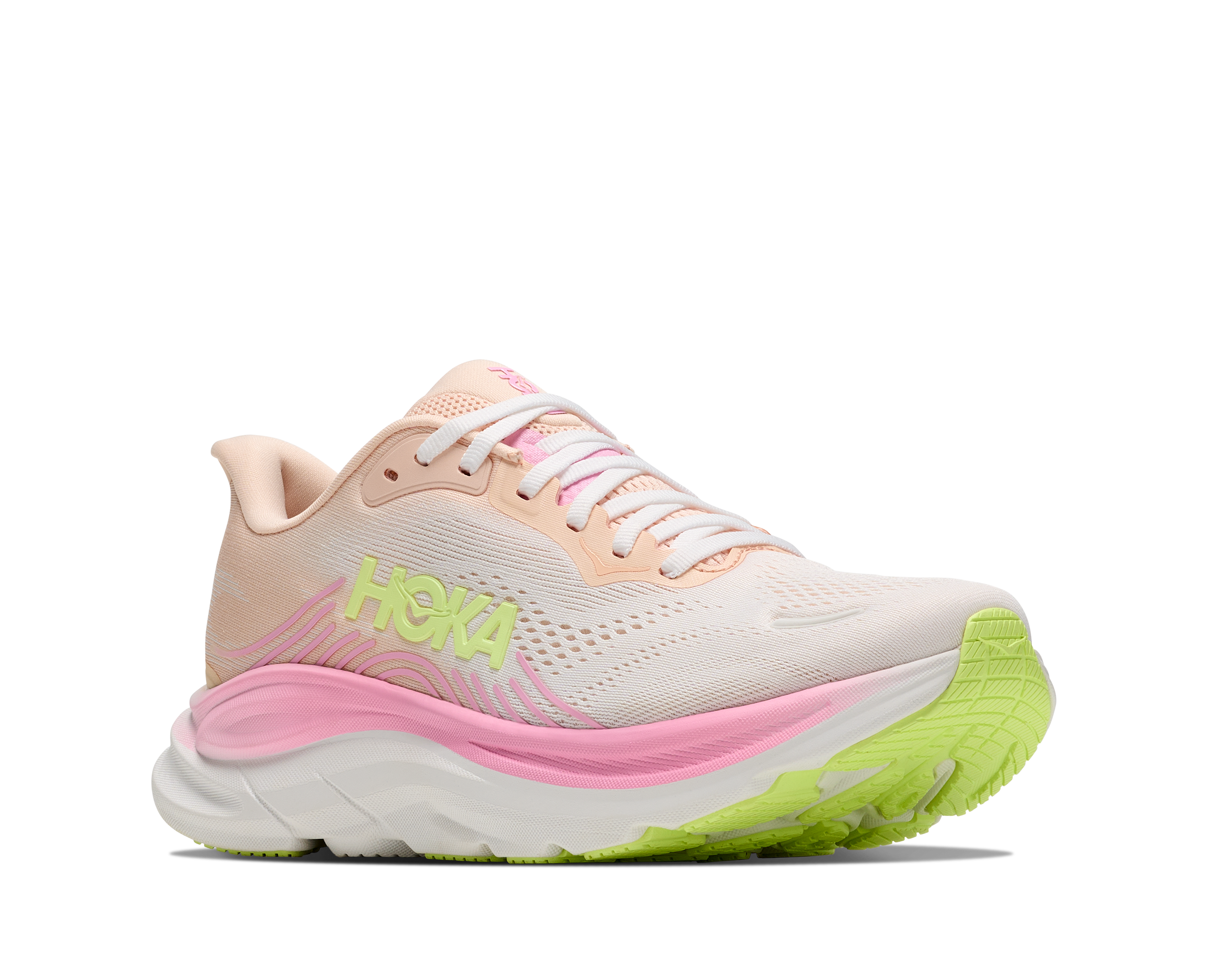 Pink and white running shoe with green sole on a white background