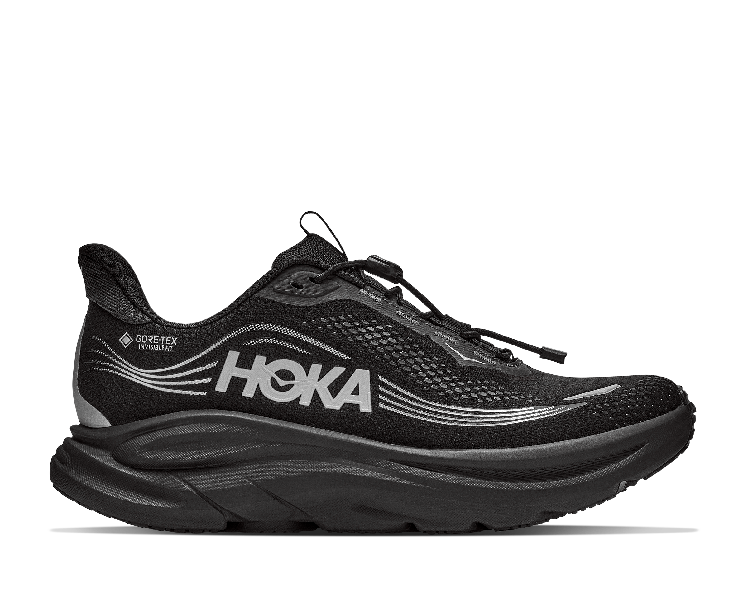 Black Hoka running shoe on a white background