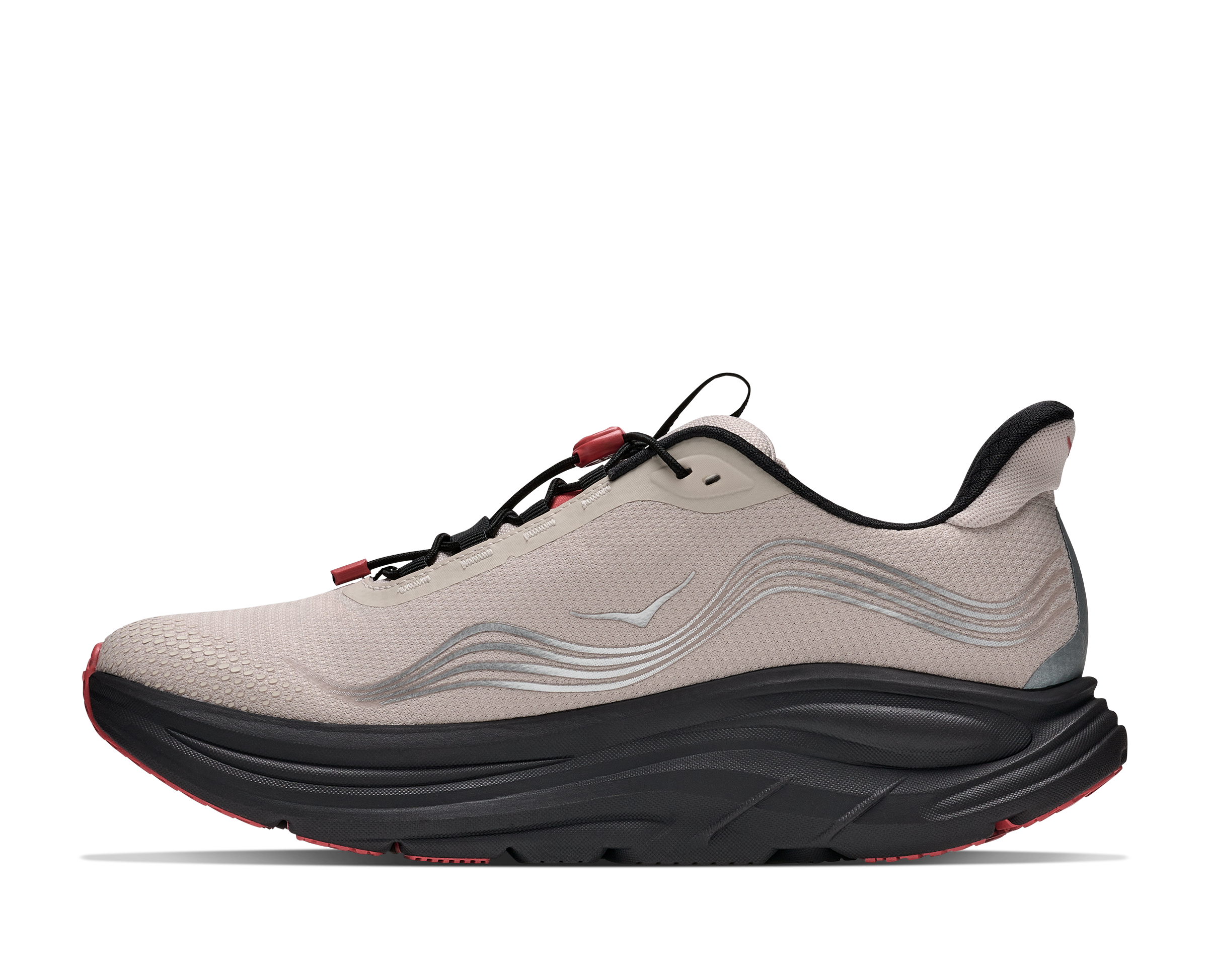 Gray running shoe with black sole on a white background