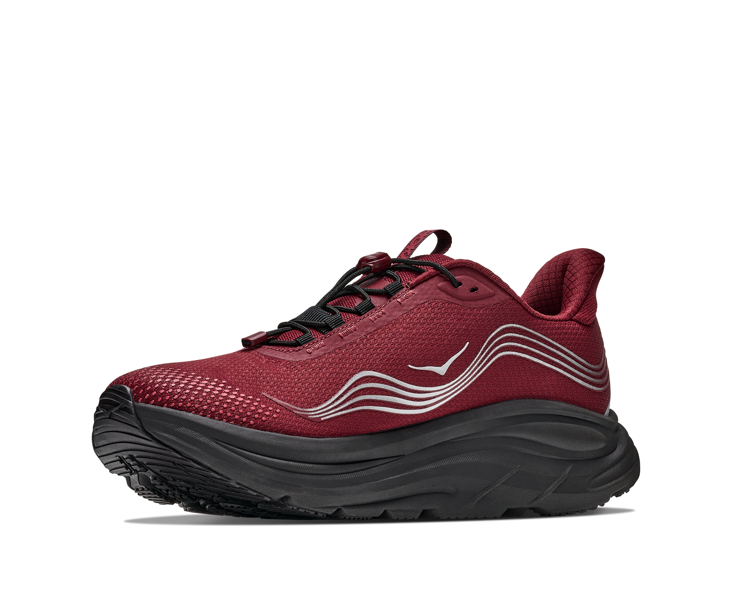 Red running shoe with black sole on a white background