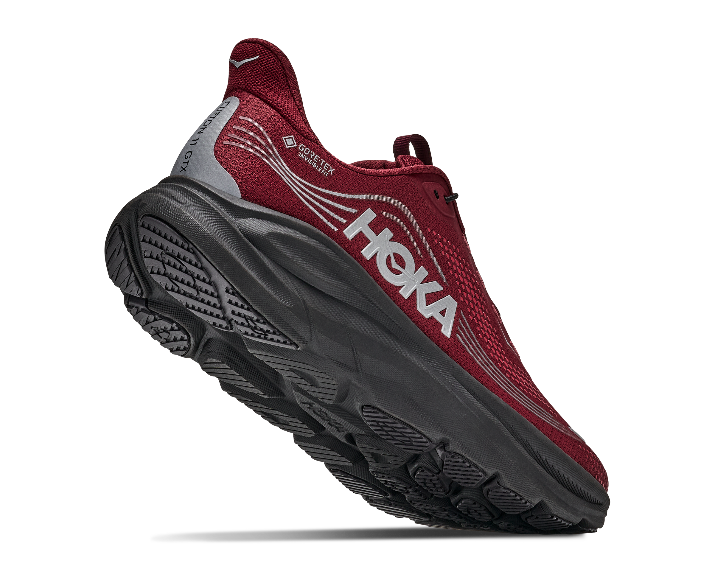 A single Hoka running shoe in red and black, shown from a three-quarters angle against a plain white background.