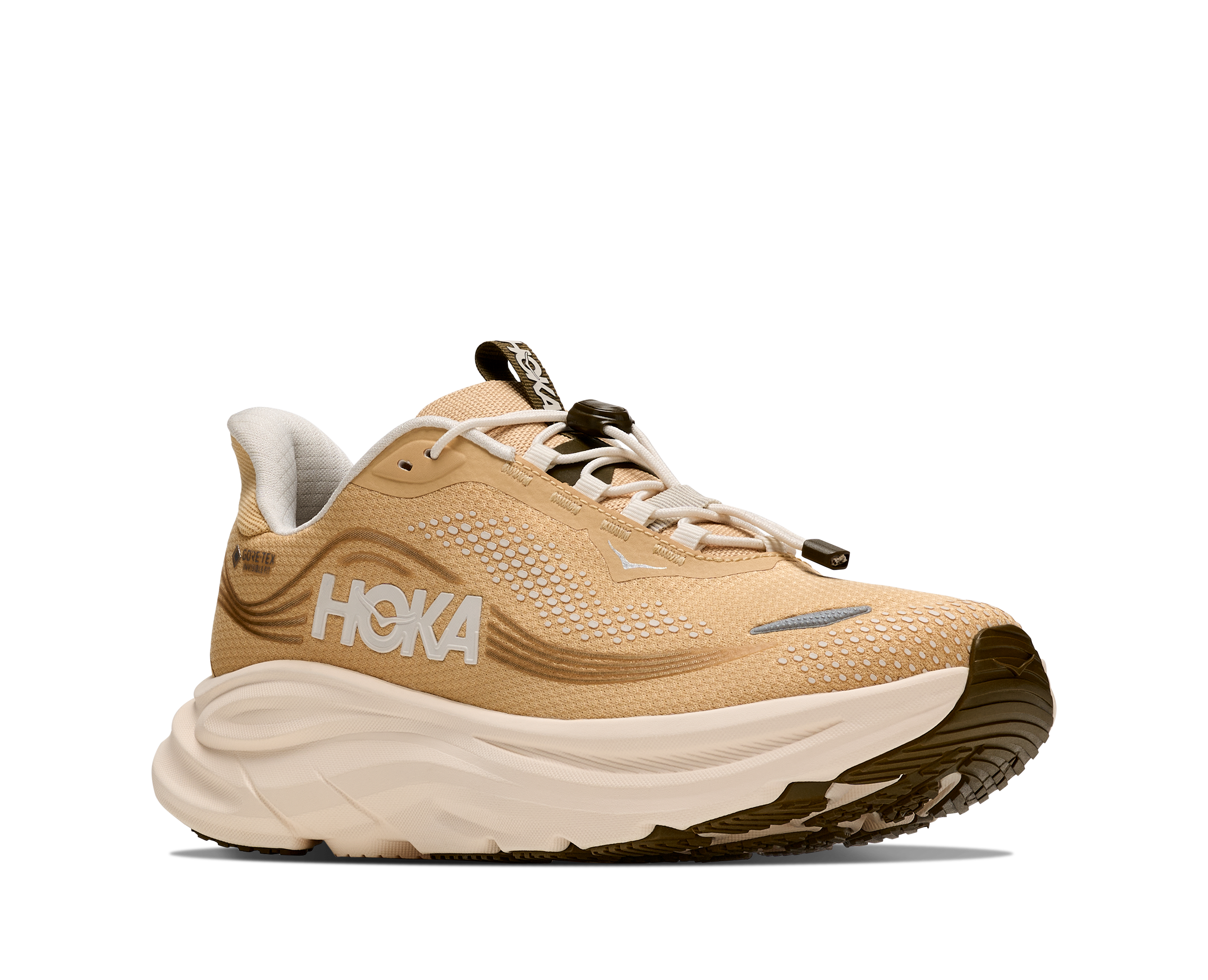 Beige running shoe with white sole on a white background
