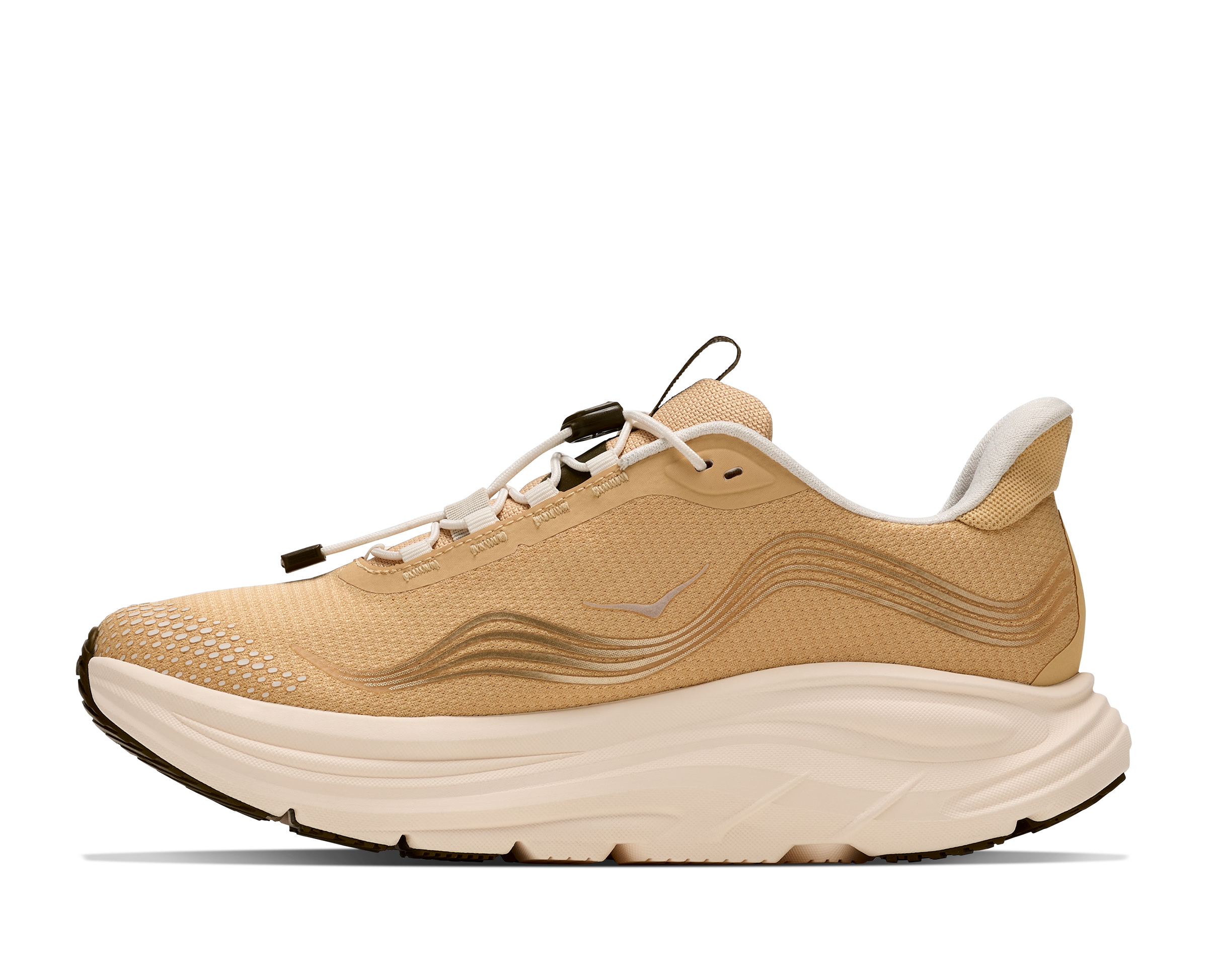 Beige running shoe with a white sole on a white background