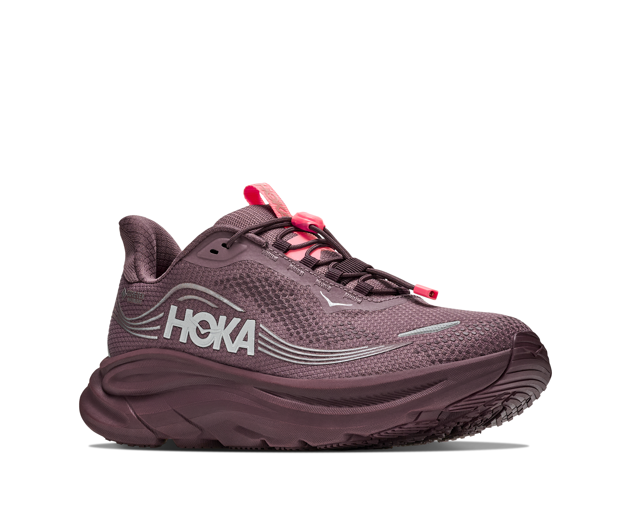 Maroon running shoe with pink accents on a white background