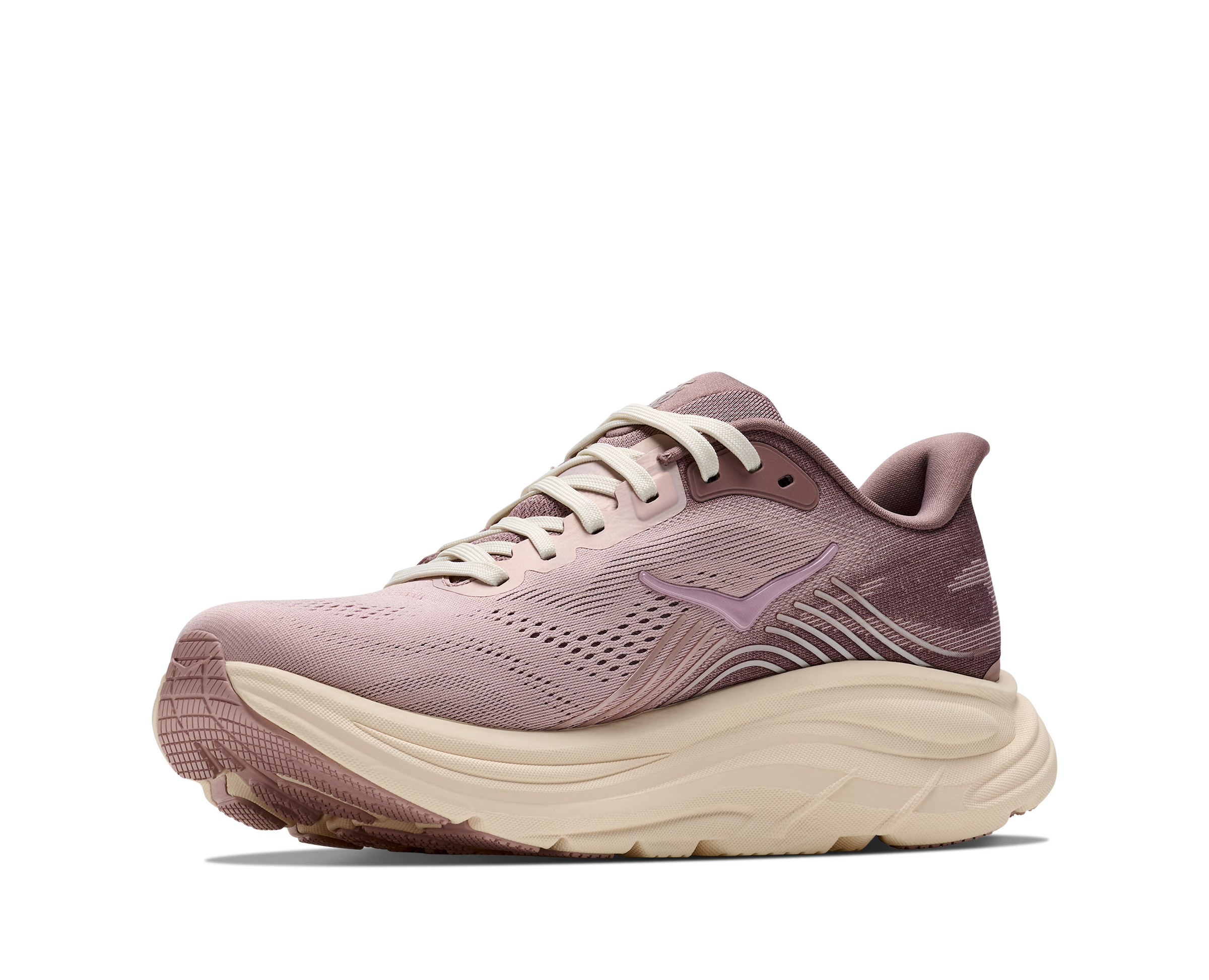 Pink running shoe with white laces on a white background